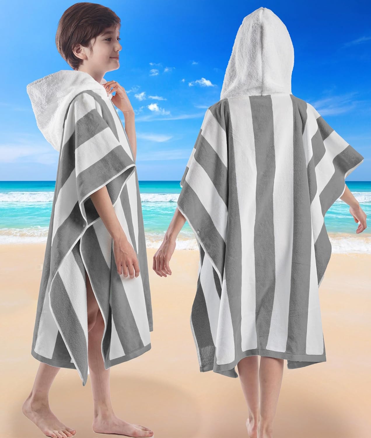 VOOVA MOVAS Big Kids Hooded Poncho Towel - 8-16 Years Grey Cabana Stripe
