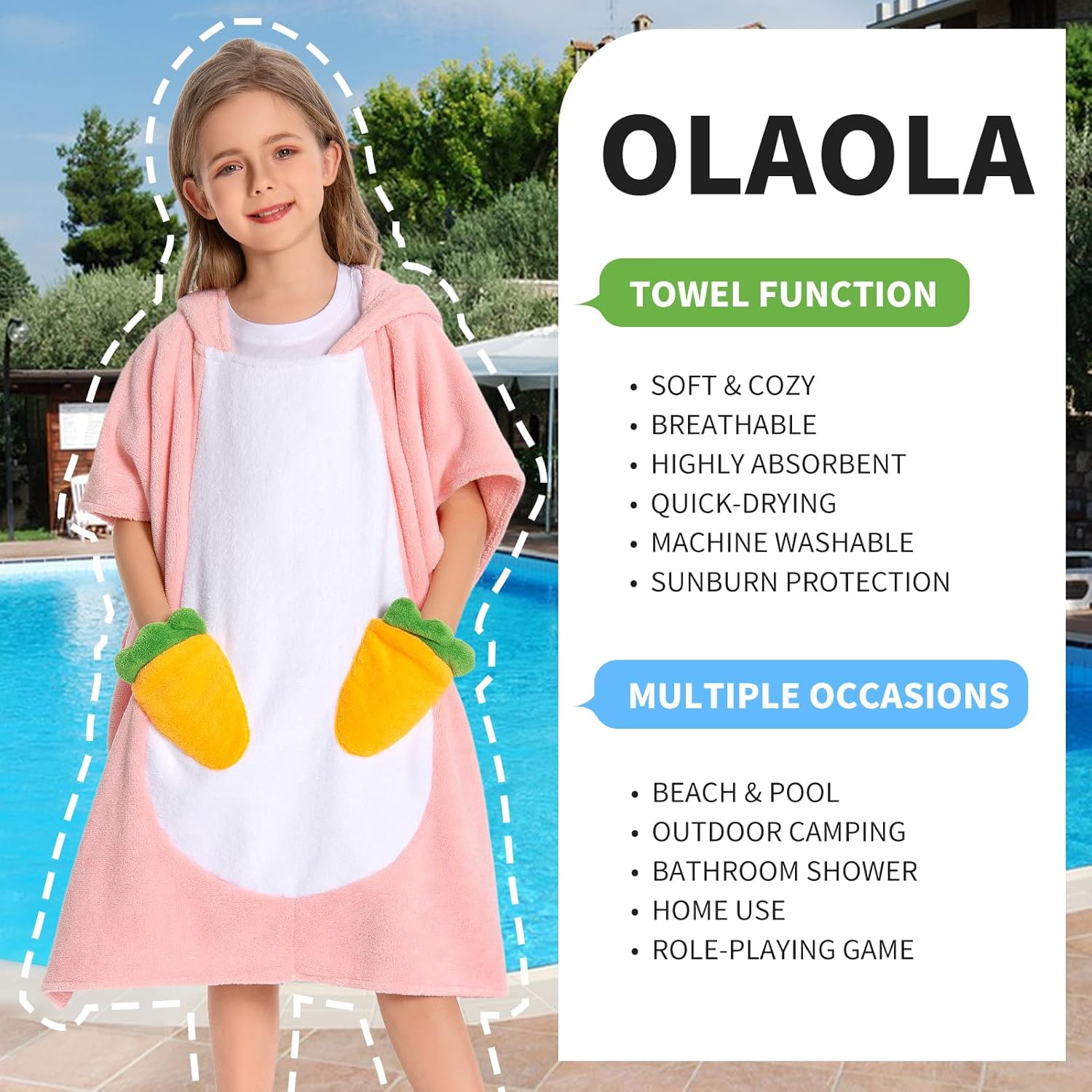 OLAOLA Bunny Hooded Kids Beach Towel for 3-12 Years