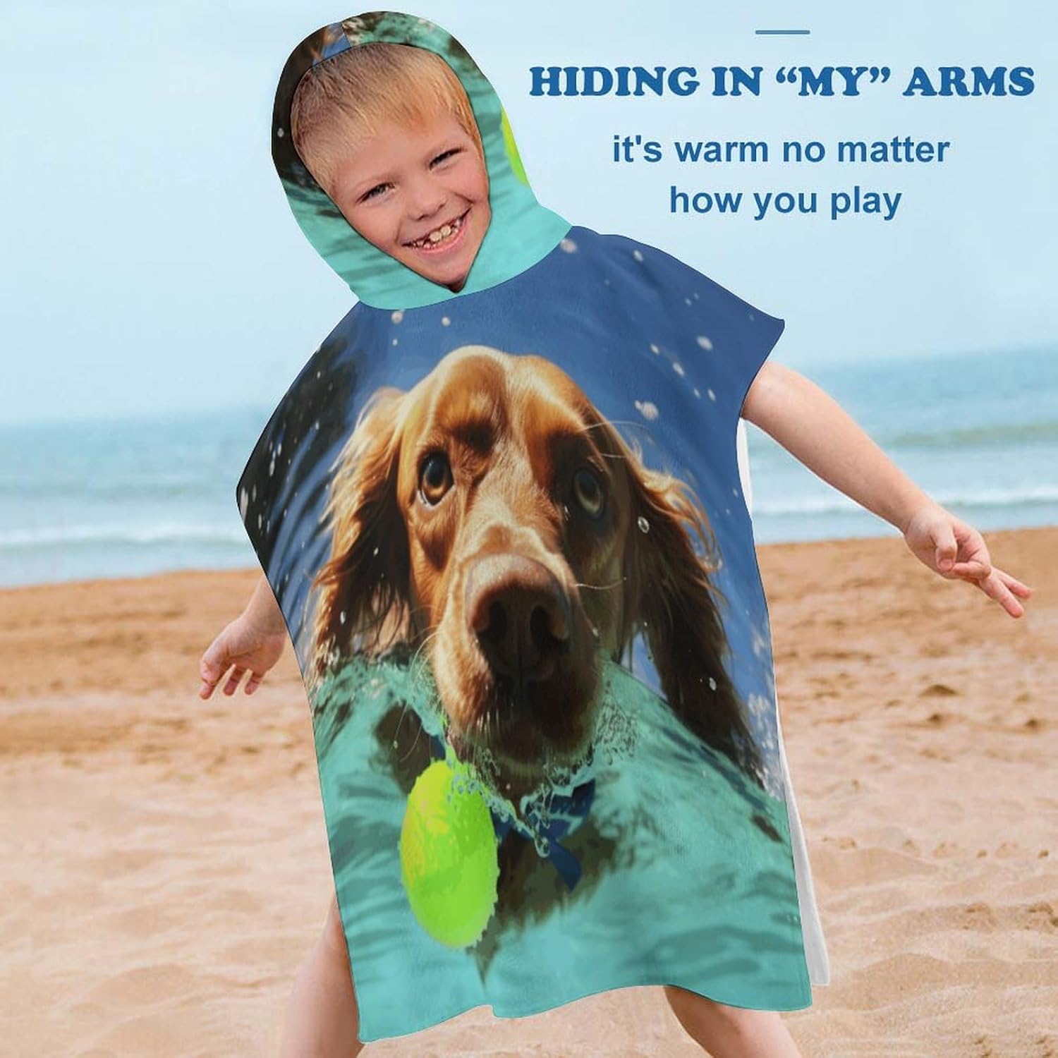 Kids Hooded Bath Towel with Funny Swimming Dog Print
