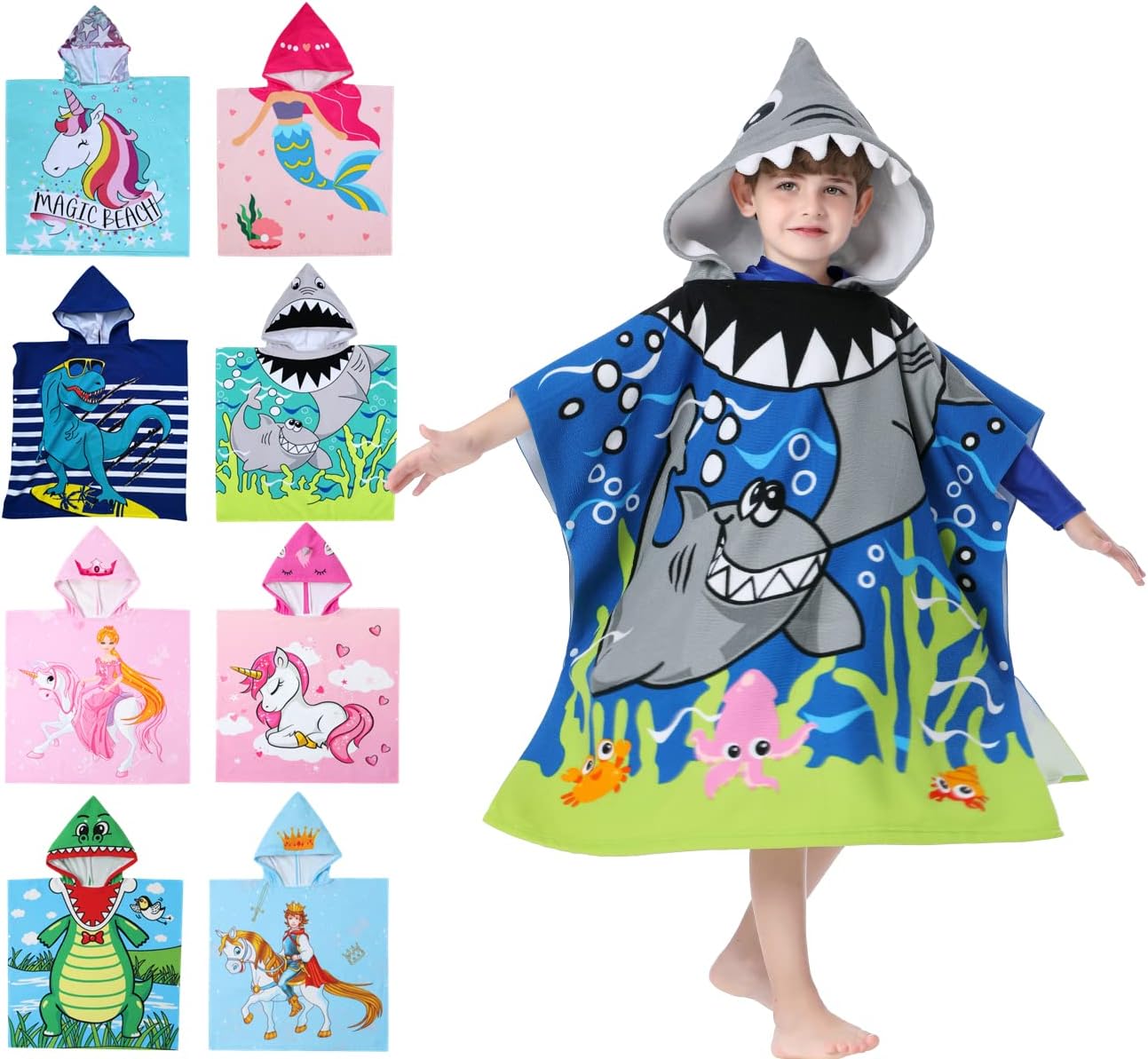 Great White Shark Theme Hooded Poncho Towel for Kids