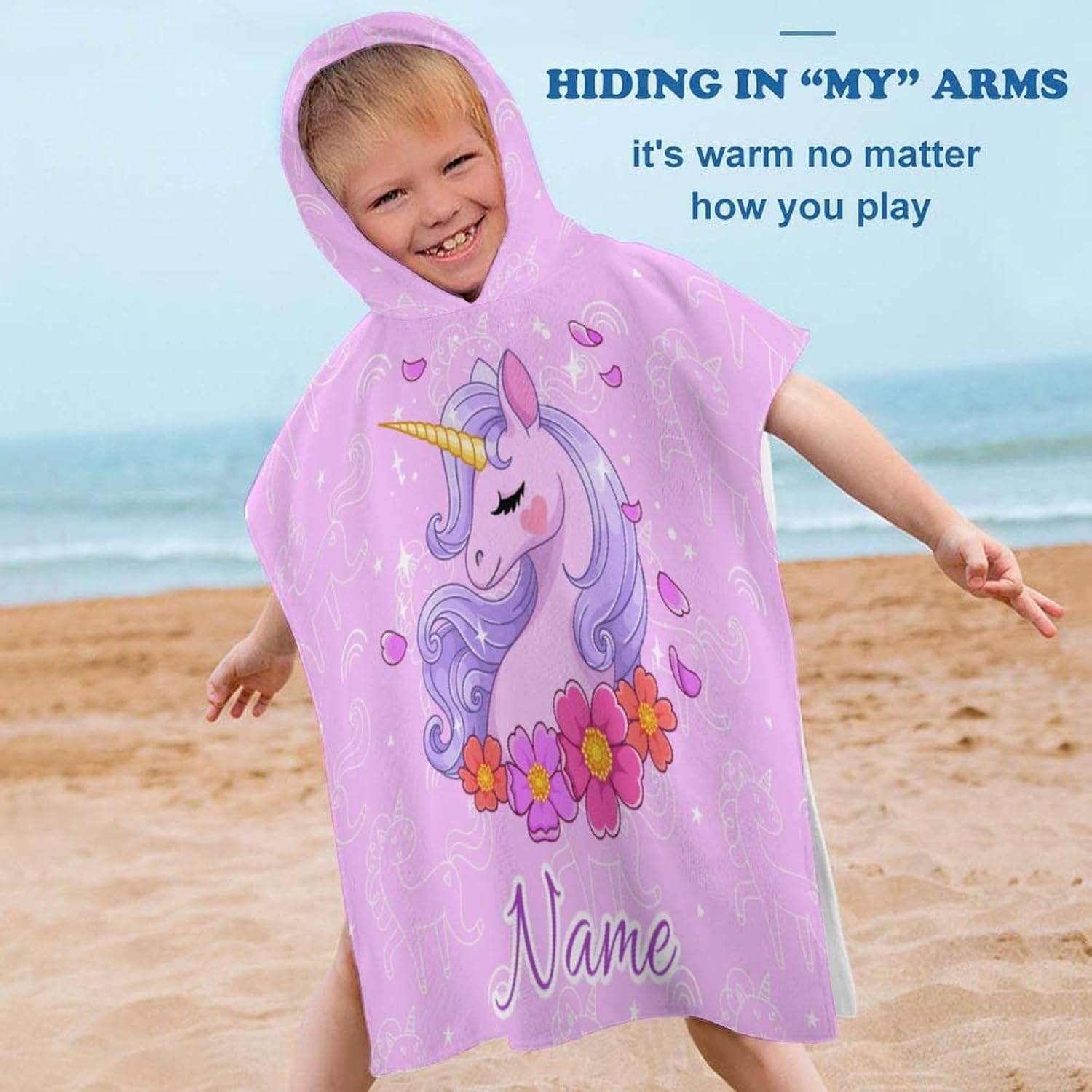 Custom Pink Flower Unicorn Kids Hooded Bath Towel Personalized Name