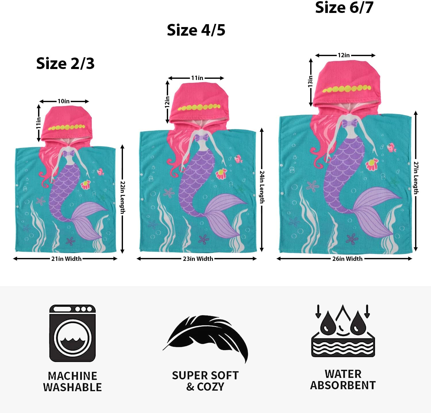 Wippette Mermaid Hooded Beach Towel for Kids 2-3T