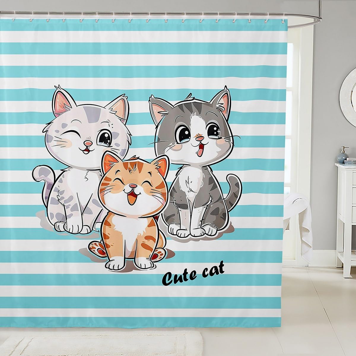 Feelyou Cartoon Cat Shower Curtain Set for Kids Bathrooms