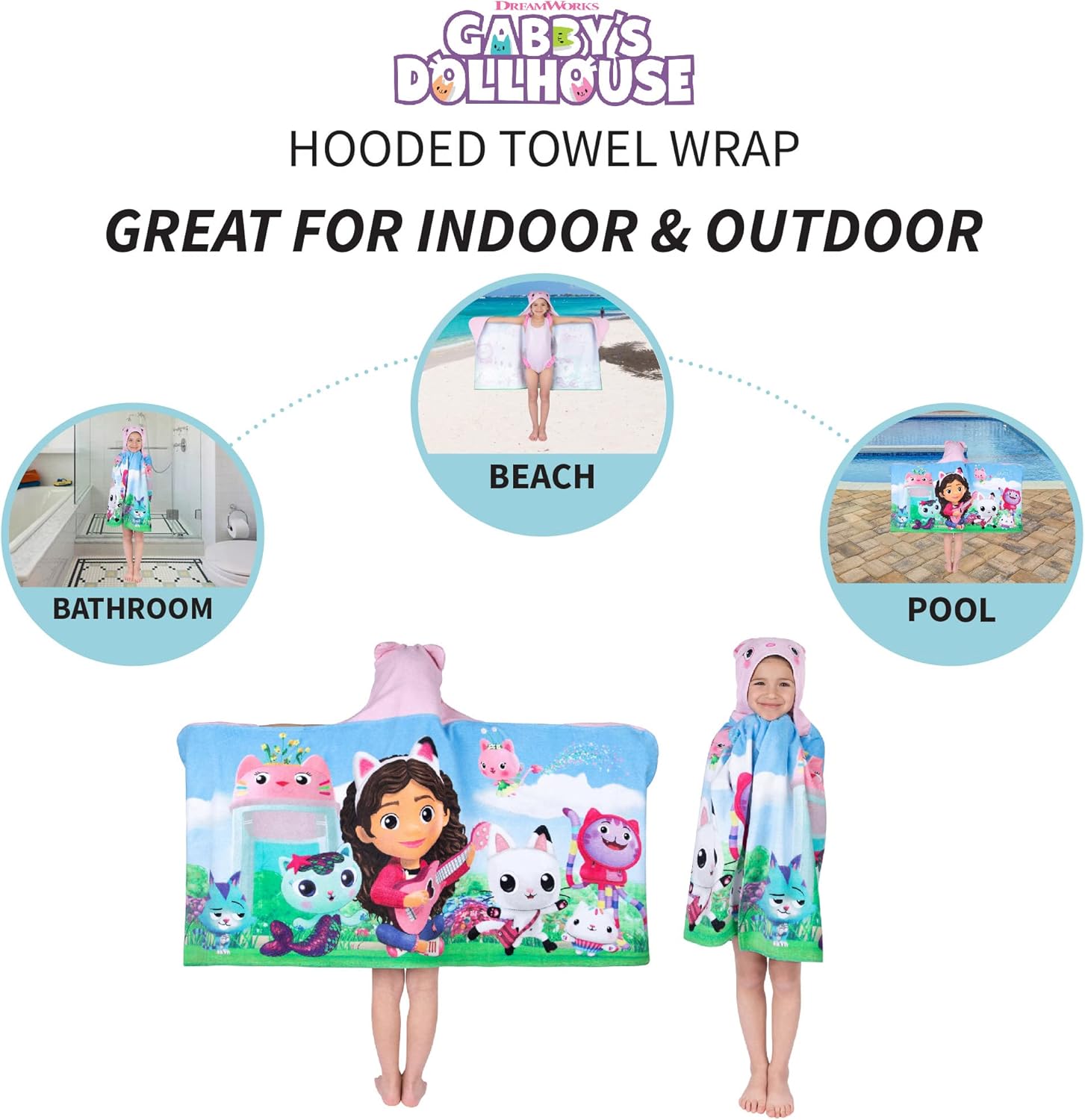 Franco Kids DreamWorks Gabbys Dollhouse Hooded Bath Towel Wrap