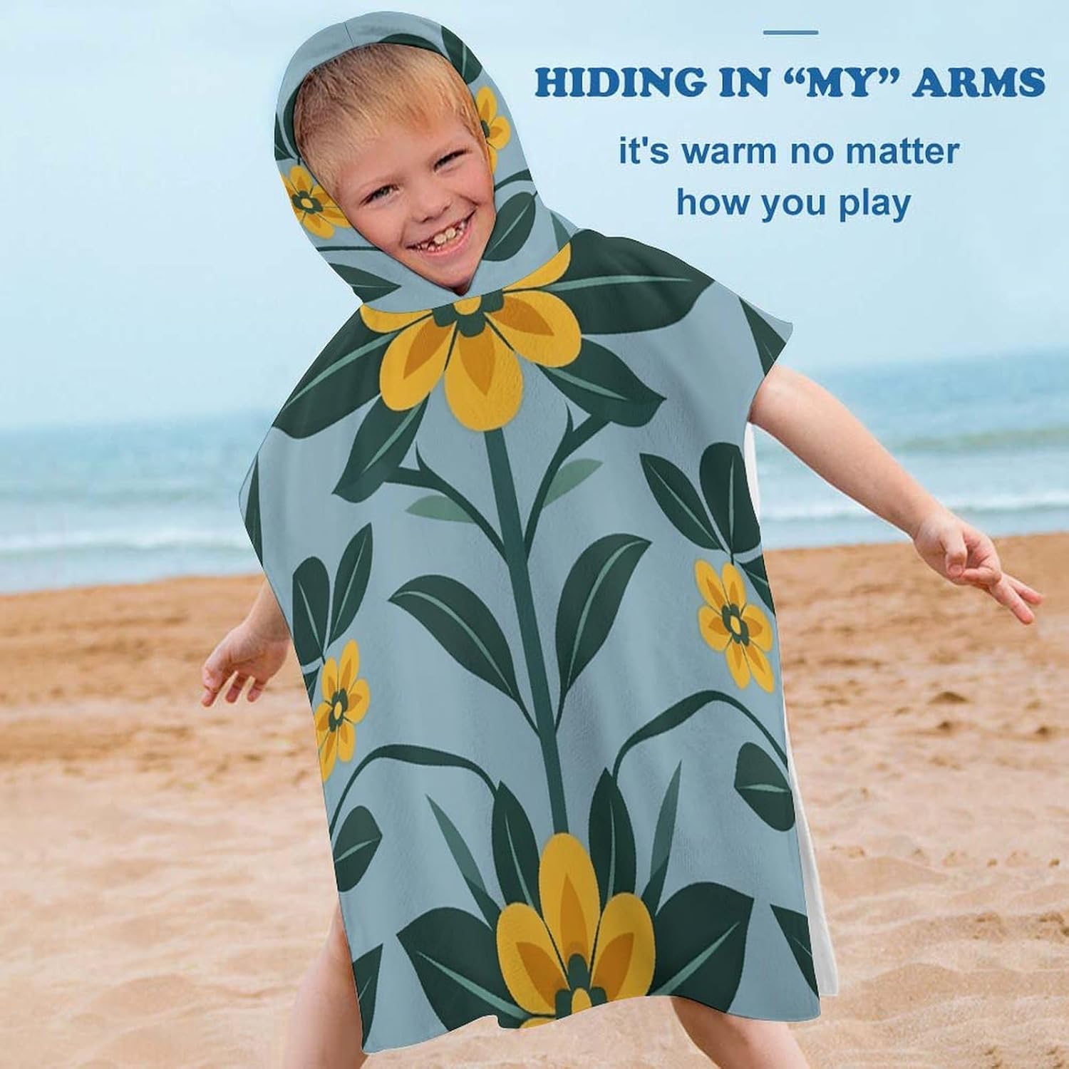 Kids Hooded Beach Towel with Repeating Flower Pattern