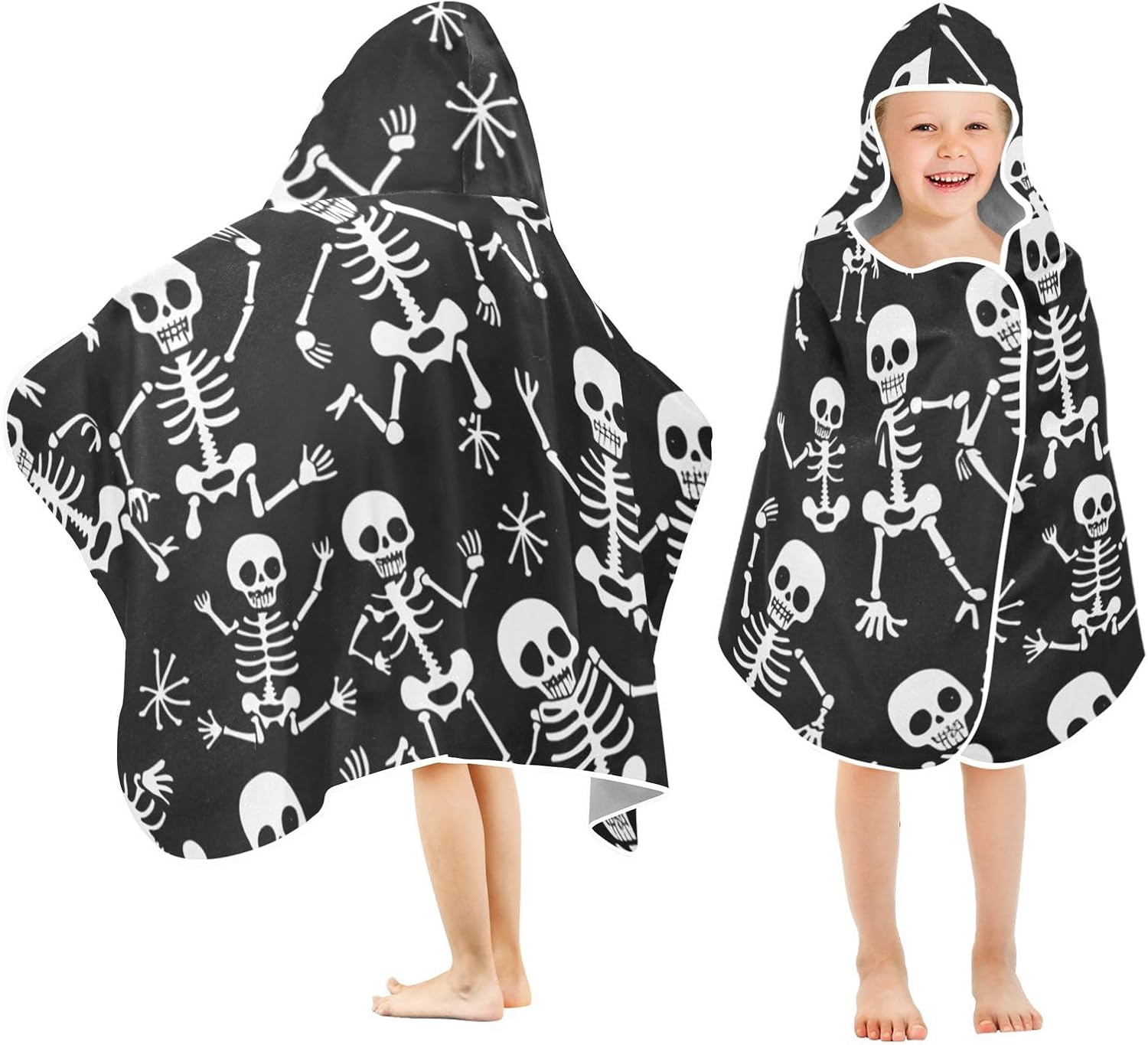 Kids Hooded Beach Towel with Cartoon Skeletons and Bones