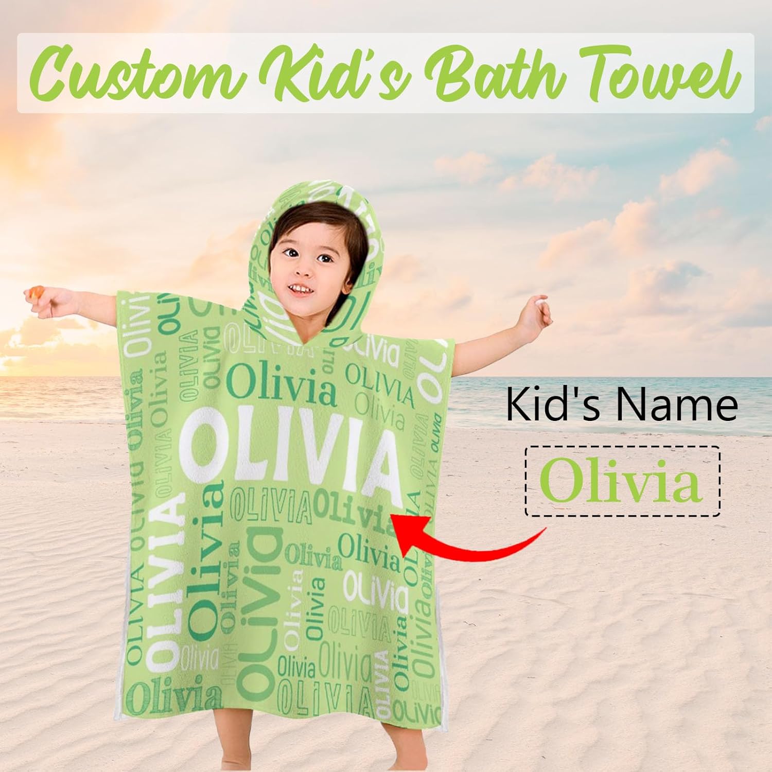 Husguciy Personalized Hooded Bath Towel for Kids Light Green