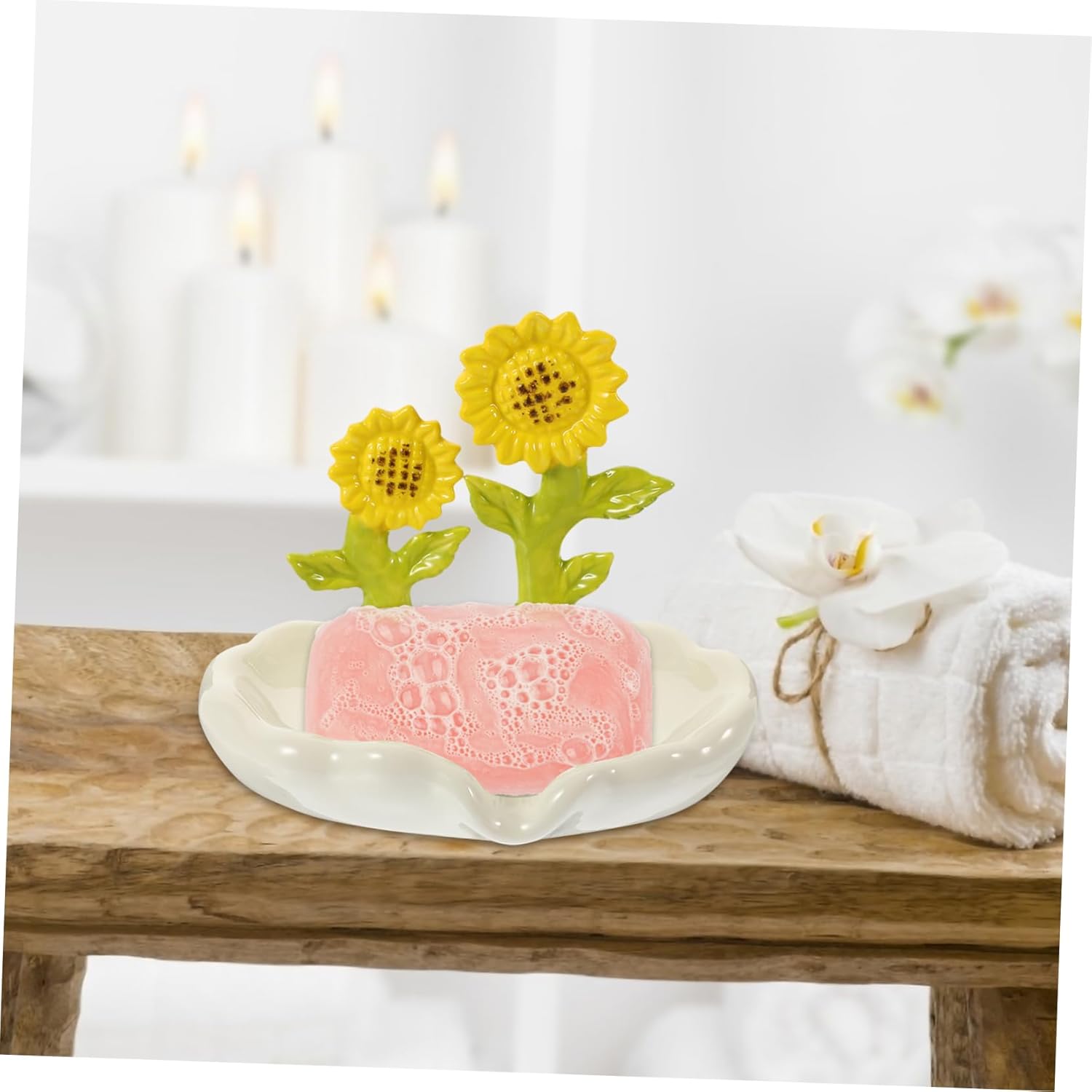 Ciieeo Ceramic Soap Dish with Drainage Sunflower Holder for Bathroom Kitchen