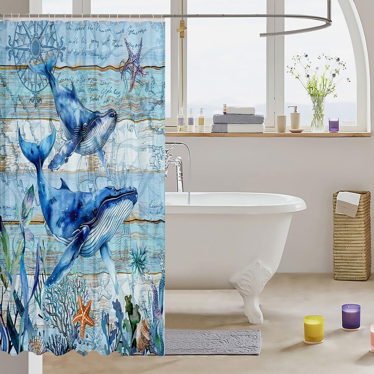 Feelyou Cute Whales Shower Curtain Set 72x78 Kids Ocean Themed