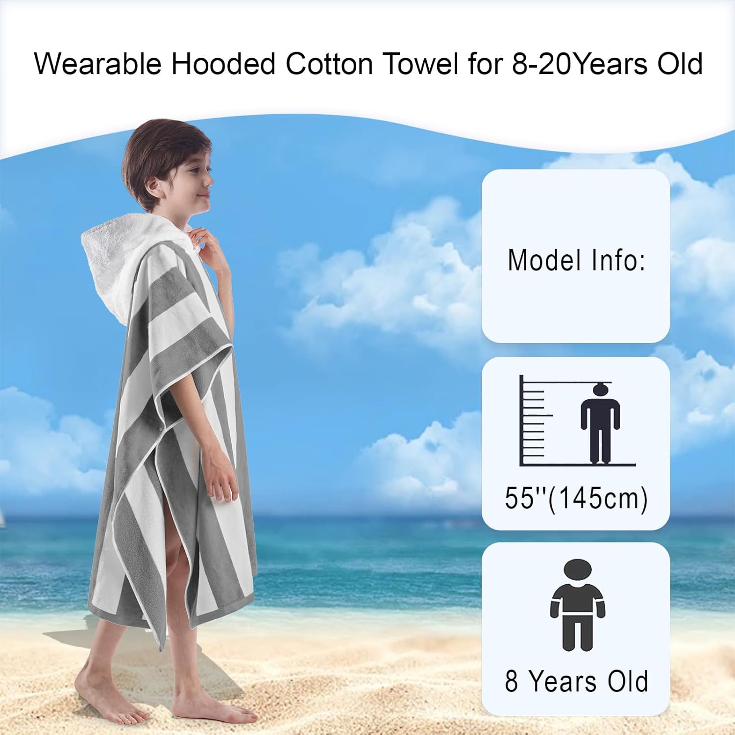 VOOVA MOVAS Big Kids Hooded Poncho Towel - 8-16 Years Grey Cabana Stripe
