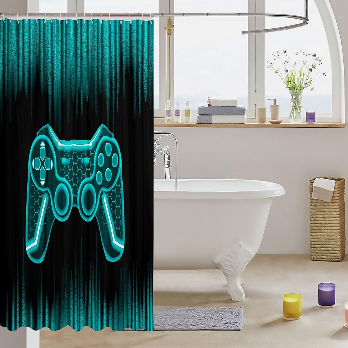 Feelyou Gamer Shower Curtain 72x72 Kids Game Controller Bath Set