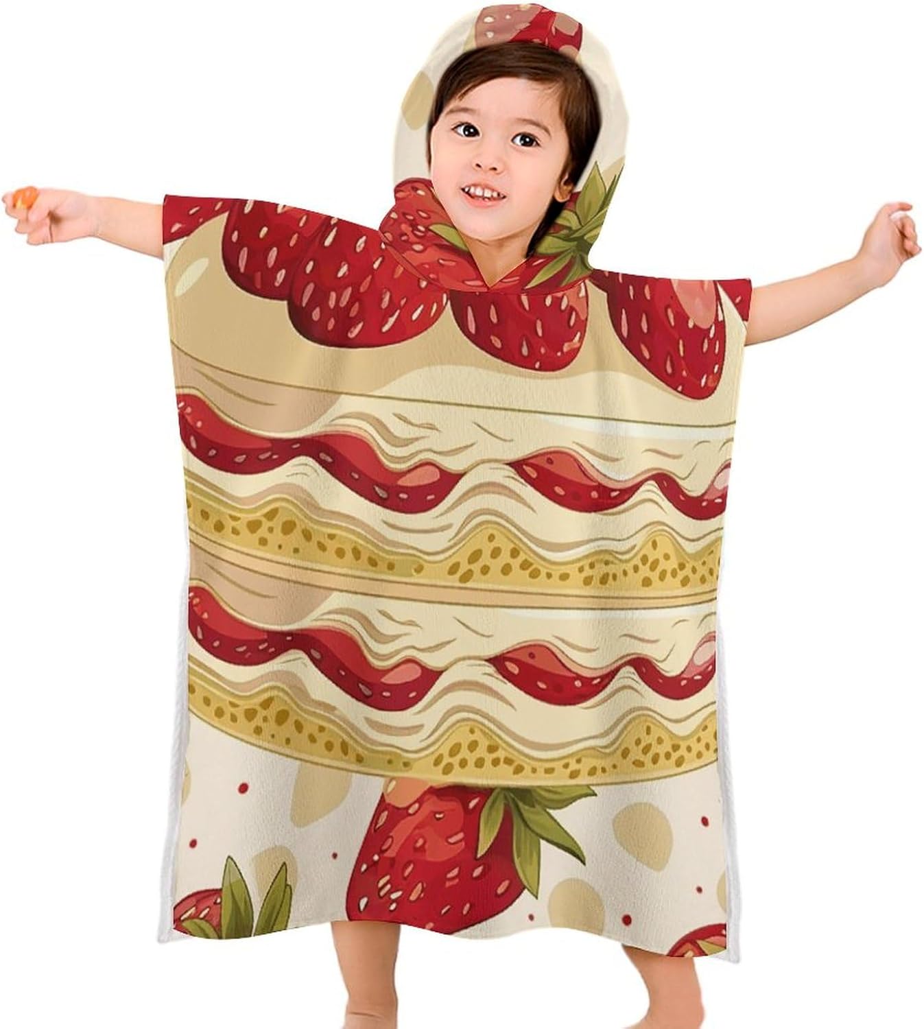 Kids Hooded Beach Towel with Strawberries and Cake Print