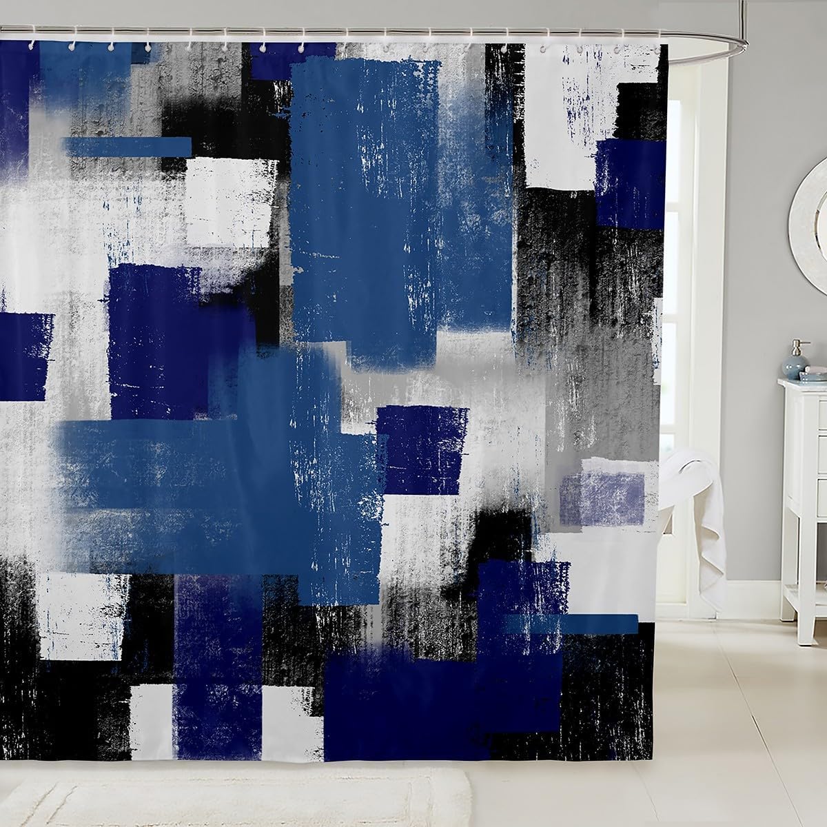Feelyou Blue Grey White Shower Curtain Set 72x72 Modern Striped Art