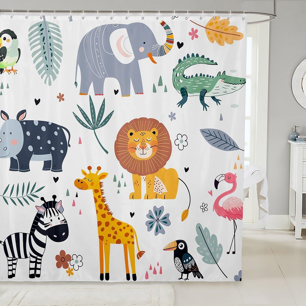 Kids Zoo Animal Bath Curtain with Hooks 72x72 Inch