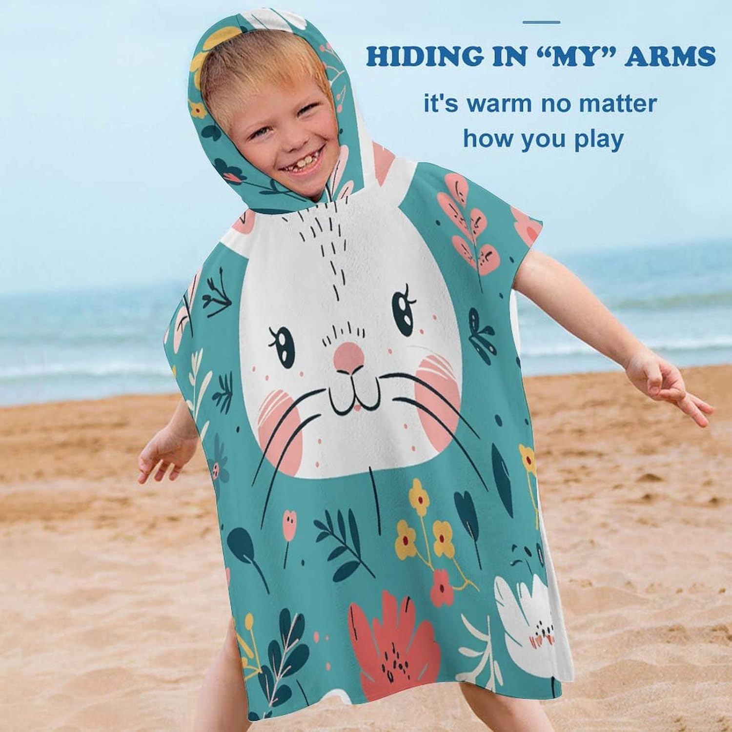 Kids Hooded Bath Towel with Cartoon Rabbit Design