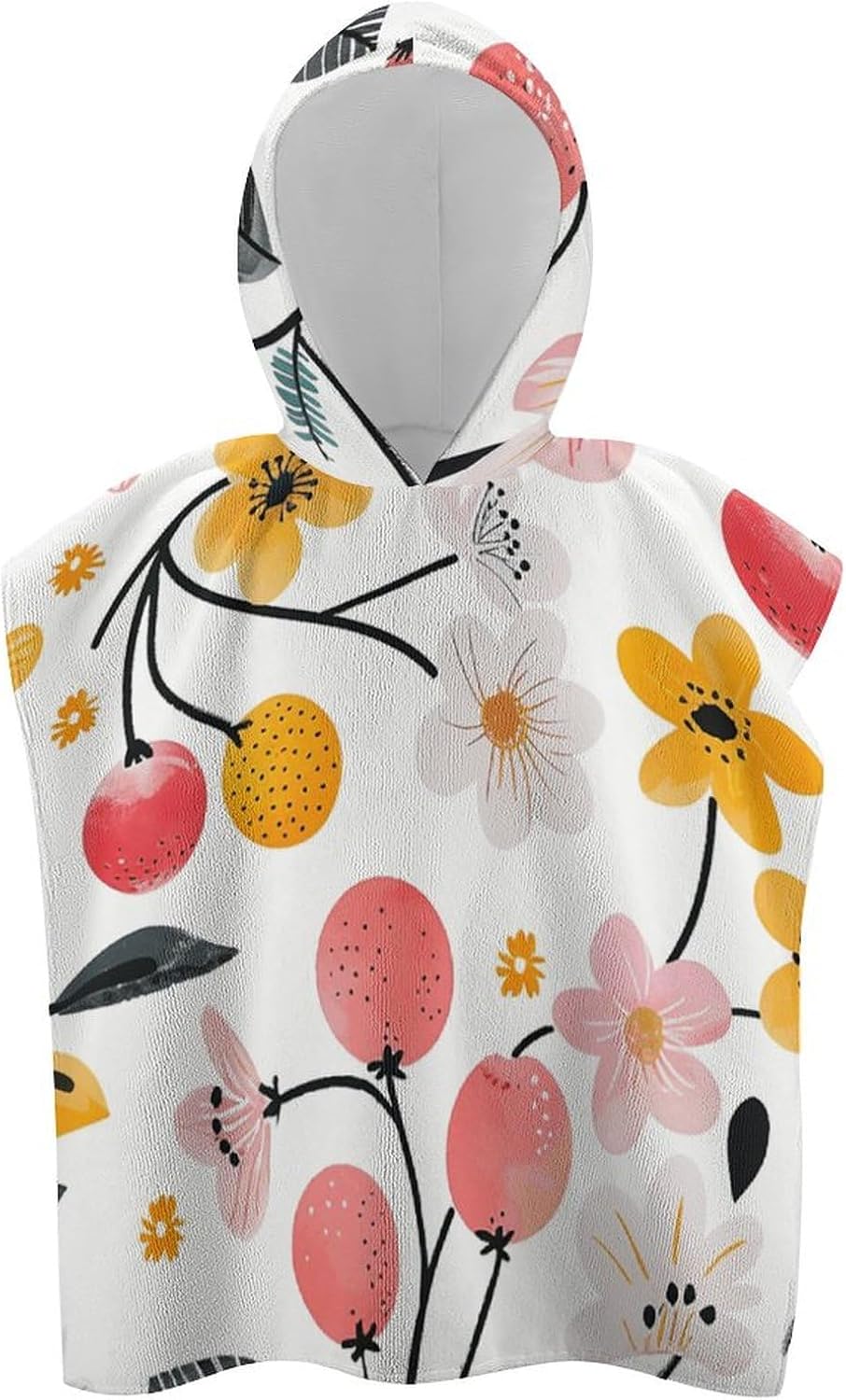 Kids Hooded Beach Towel with Cherries and Flowers Print