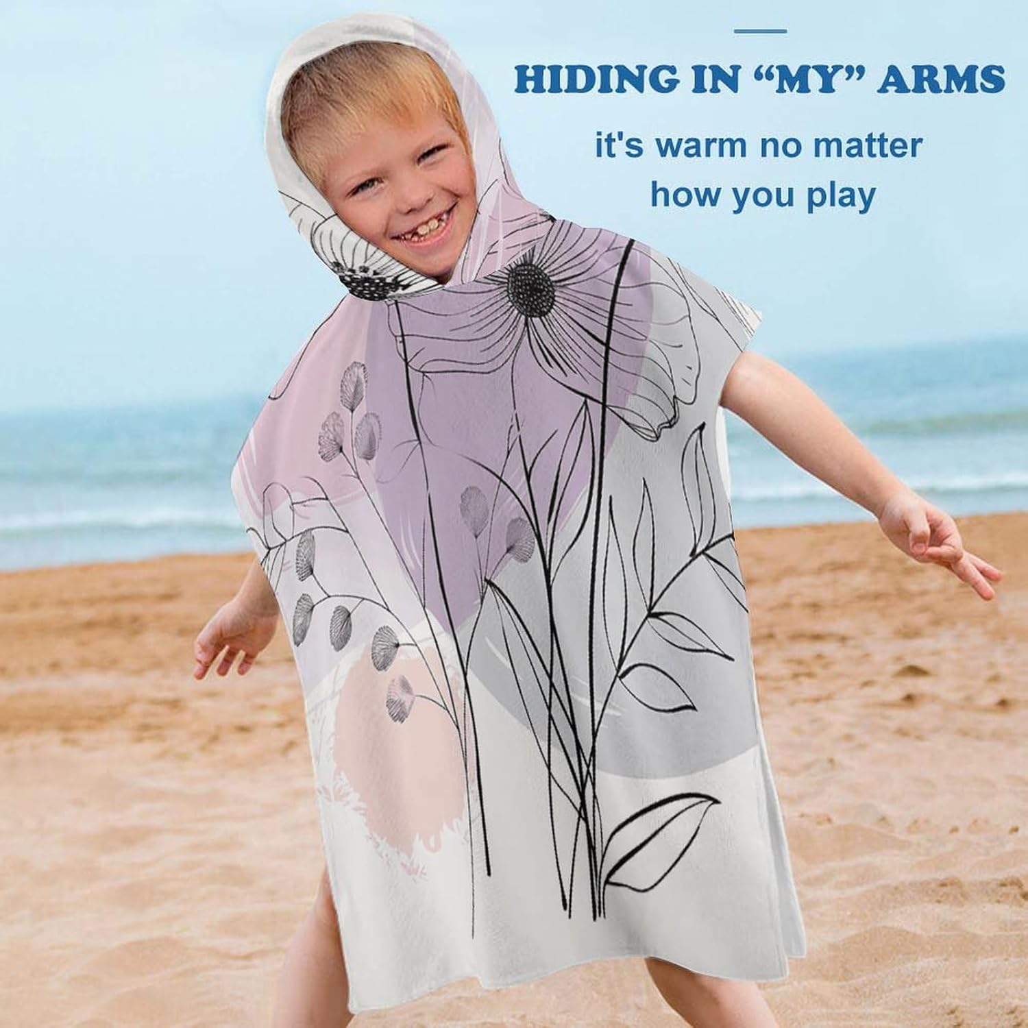 Kids Hooded Beach Towel with Hand Drawn Flowers Print