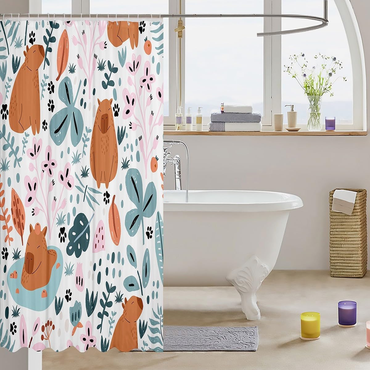 Feelyou Cartoon Capybaras Shower Curtain 72x72 Kids Bathroom Accessory Set