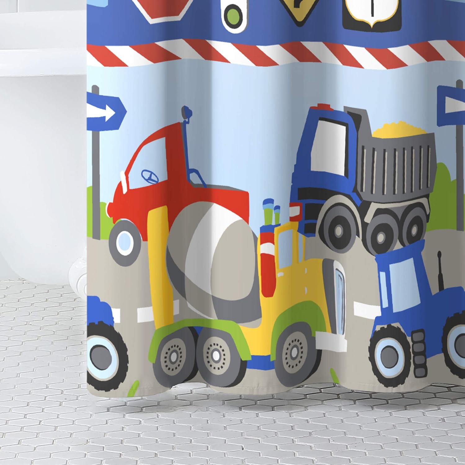 Dream Factory Kids Shower Curtain Blue Red Trains and Trucks 72x72