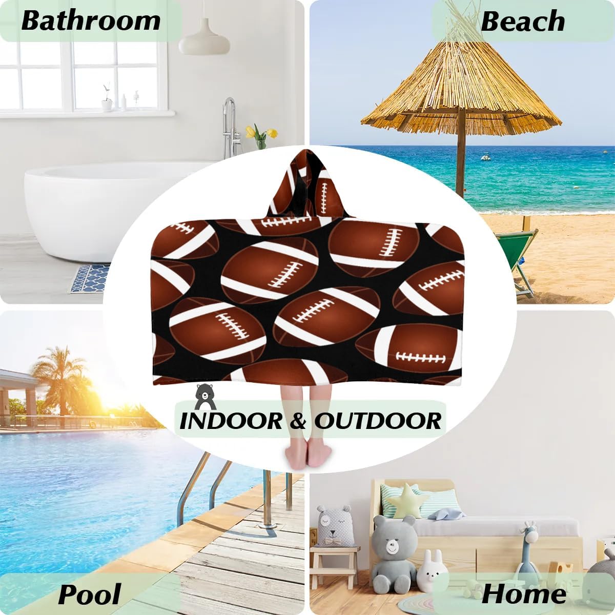 Rugby Ball Pattern Kids Hooded Bath Towel