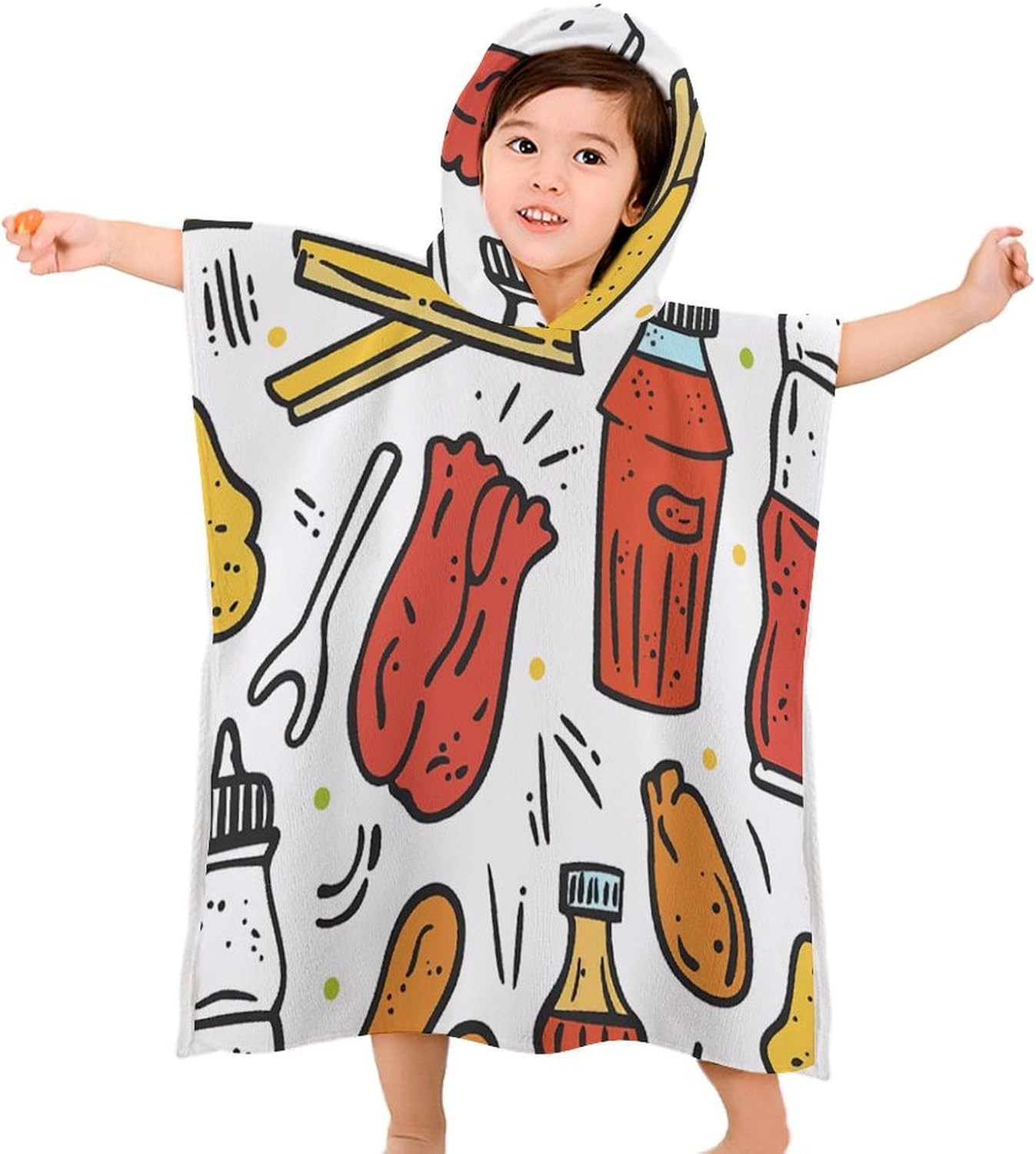 Kids Hooded Bath Towel with Doodle Fast Food Design