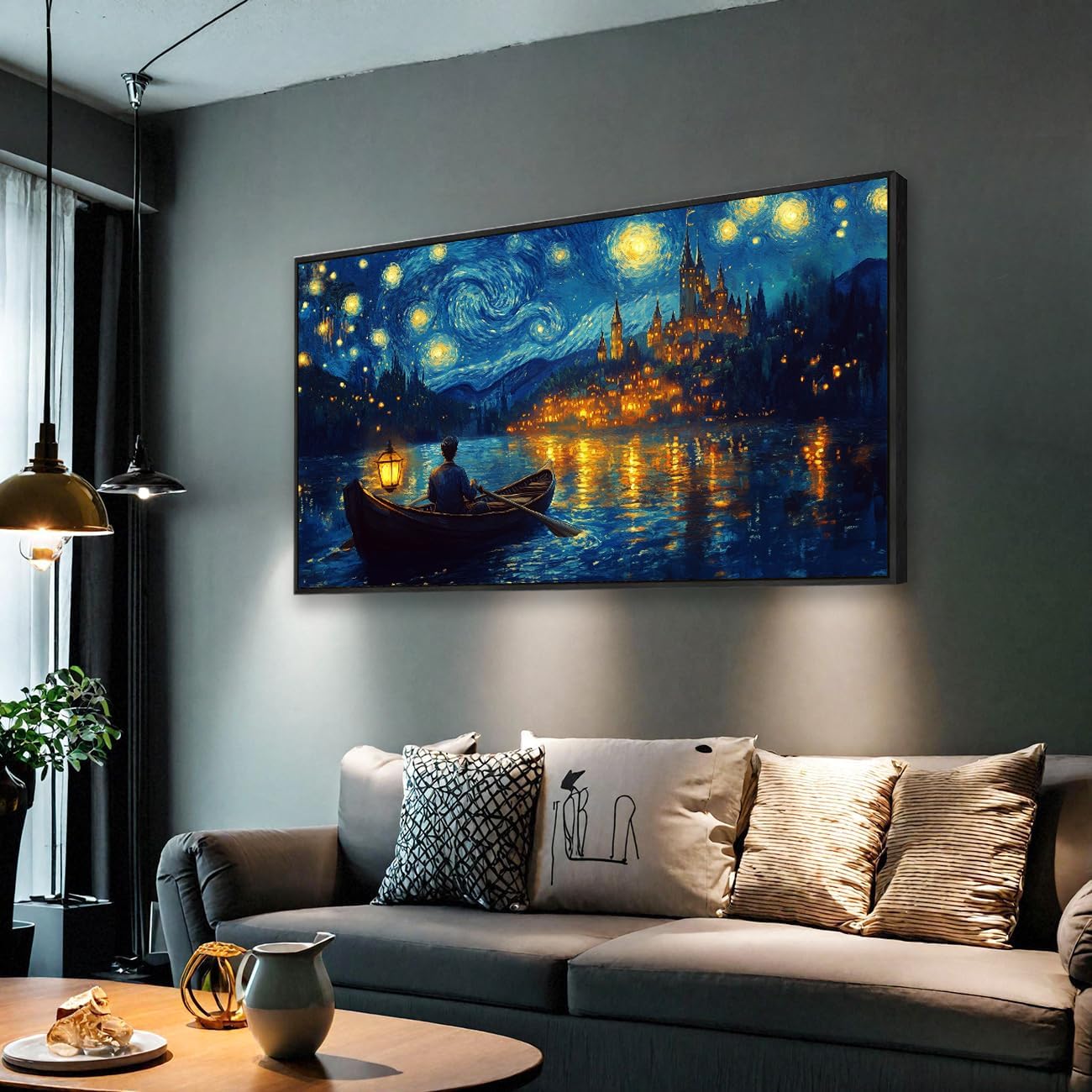 Starry Night Over the Rhone Framed Canvas Wall Art 20x40 Inches