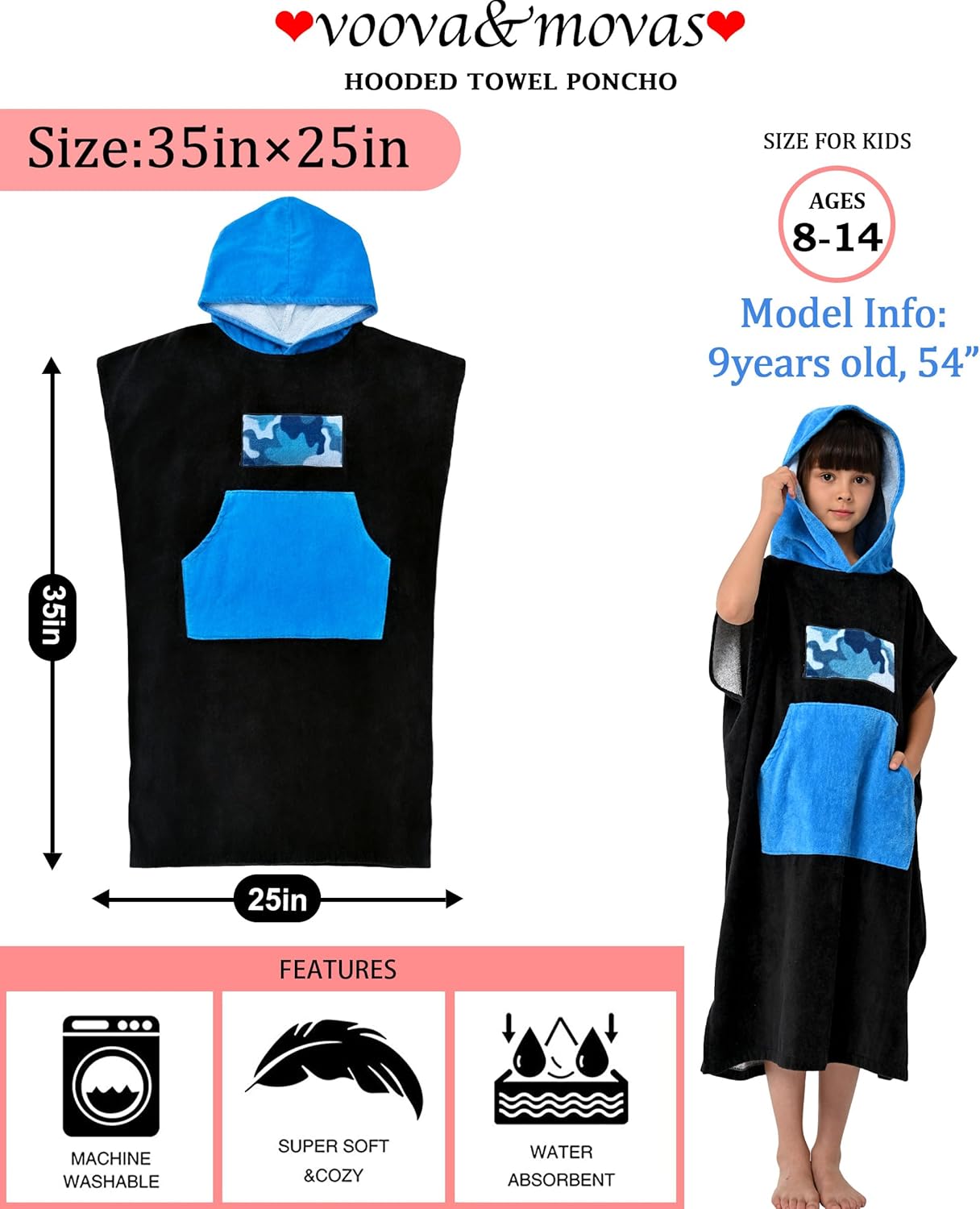 VOOVA MOVAS Black Cotton Hooded Towel for Teens
