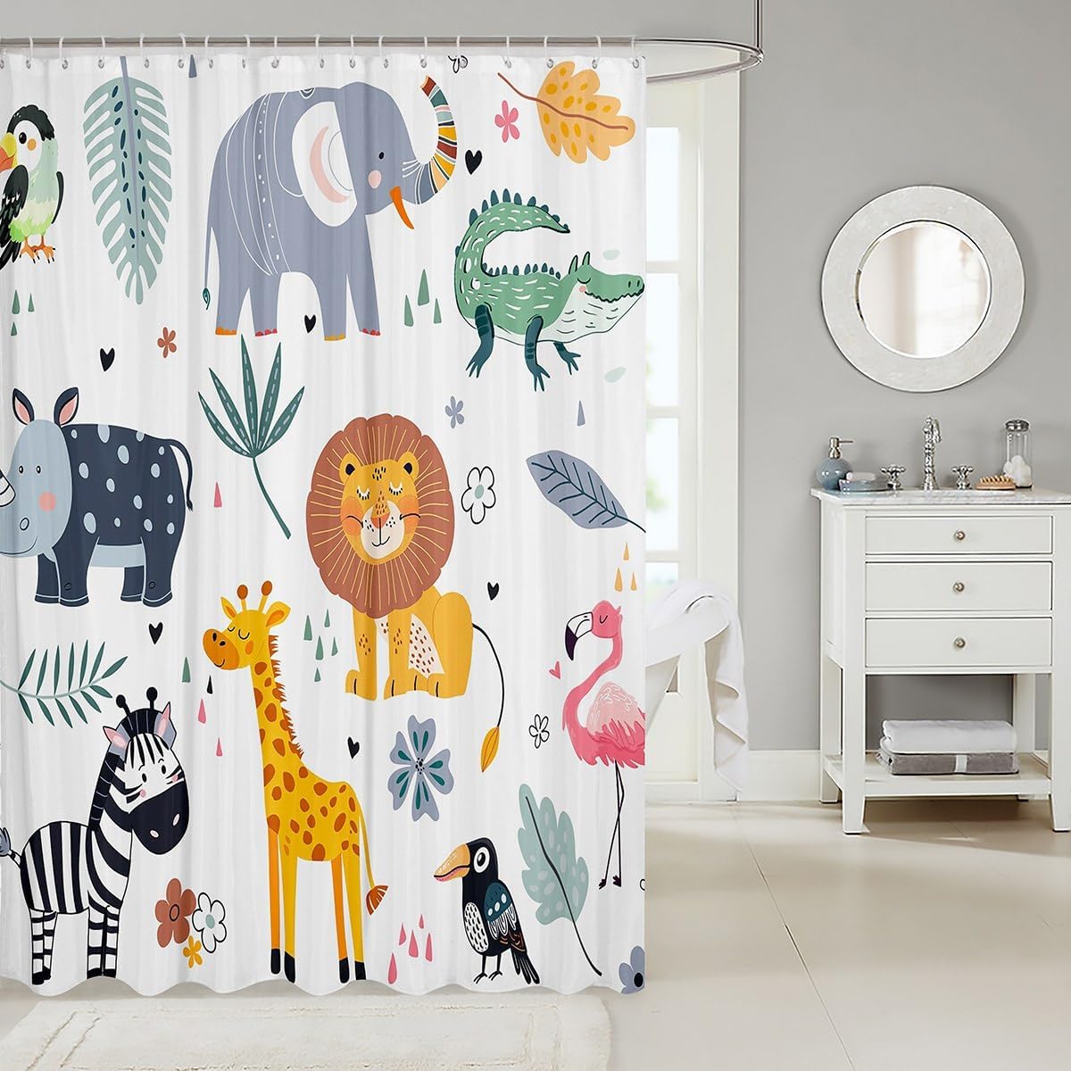 Kids Zoo Animal Bath Curtain with Hooks 72x72 Inch