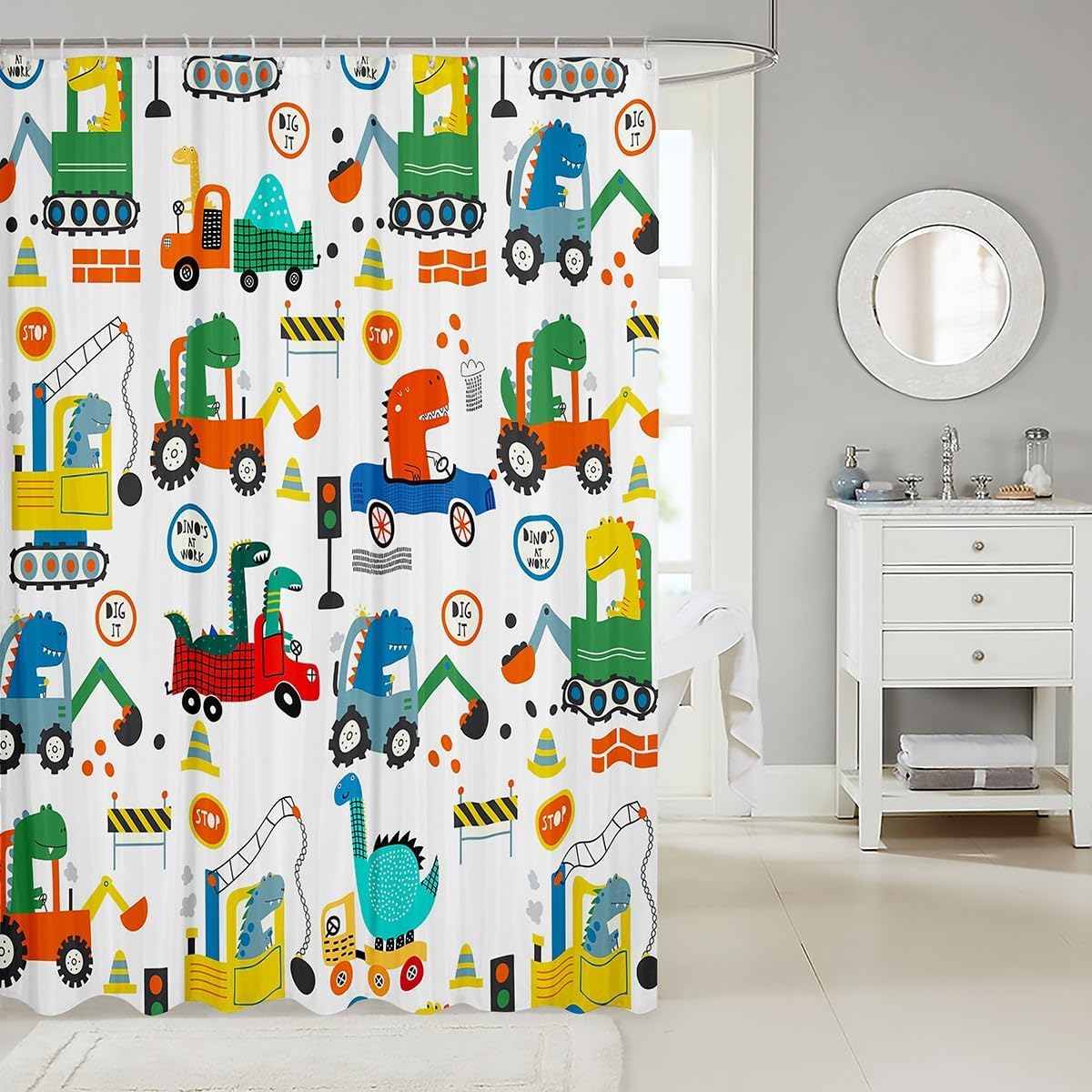Feelyou Excavator Bath Curtain 72x72 Kids Dinosaur Shower Curtain Set