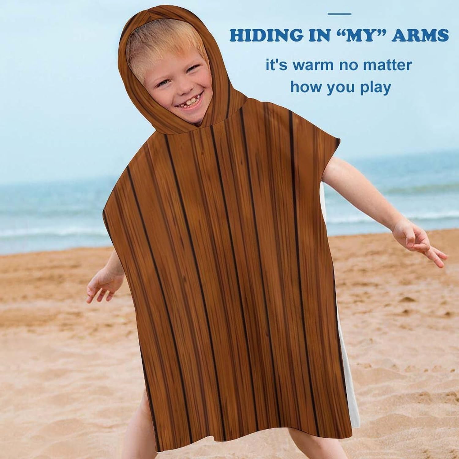 Kids Hooded Beach Towel with Brown Wood Pattern