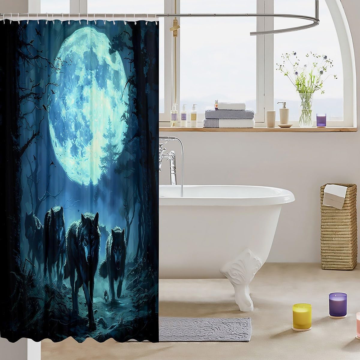 Feelyou Wolf Shower Curtain Kids Blue Bath Decor