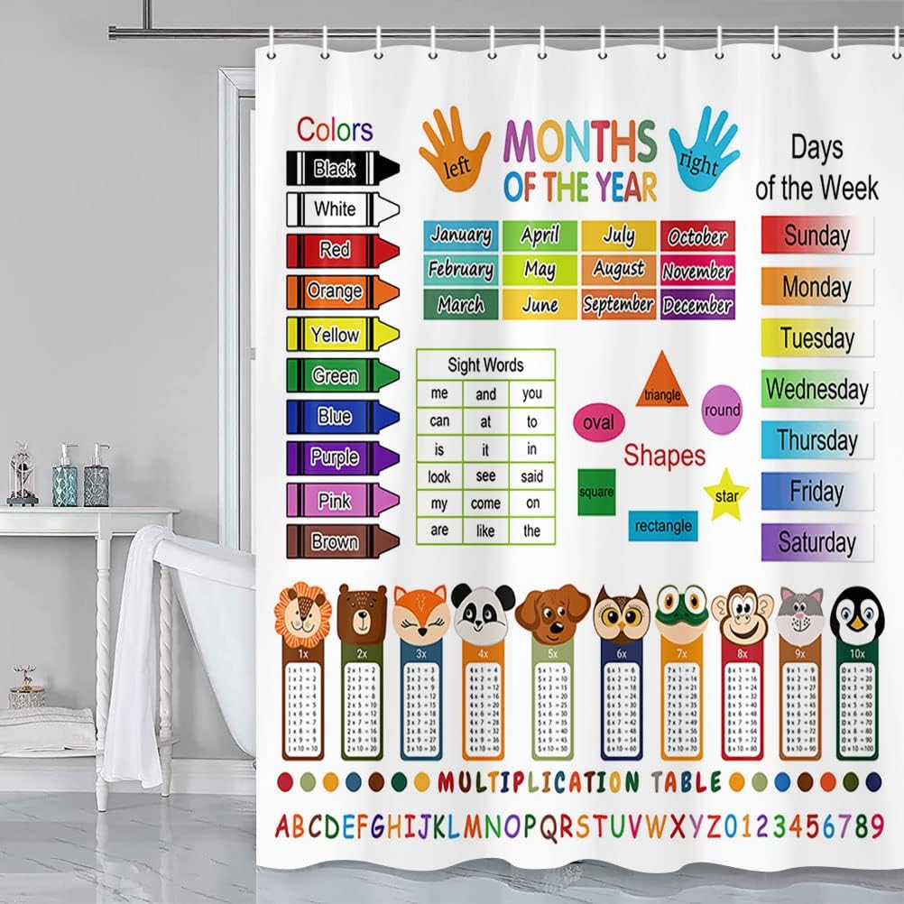 ABC Educational Shower Curtain for Kids Multiplication Table Theme