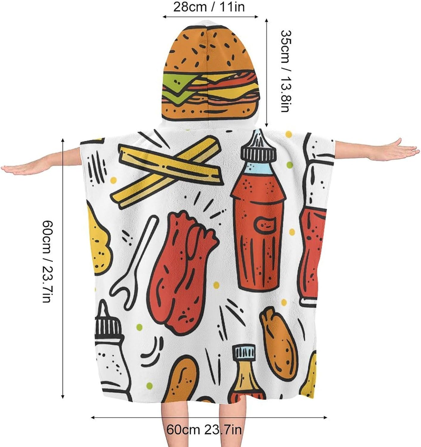Kids Hooded Bath Towel with Doodle Fast Food Design