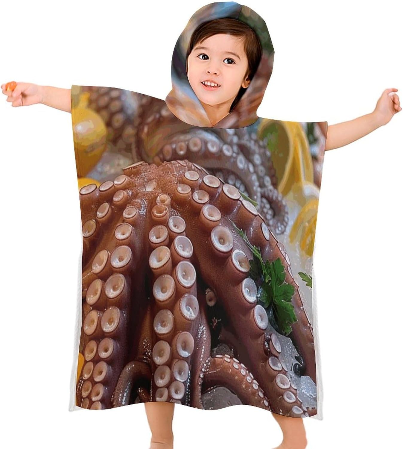 Kids Hooded Bath Towel with Seafood Print