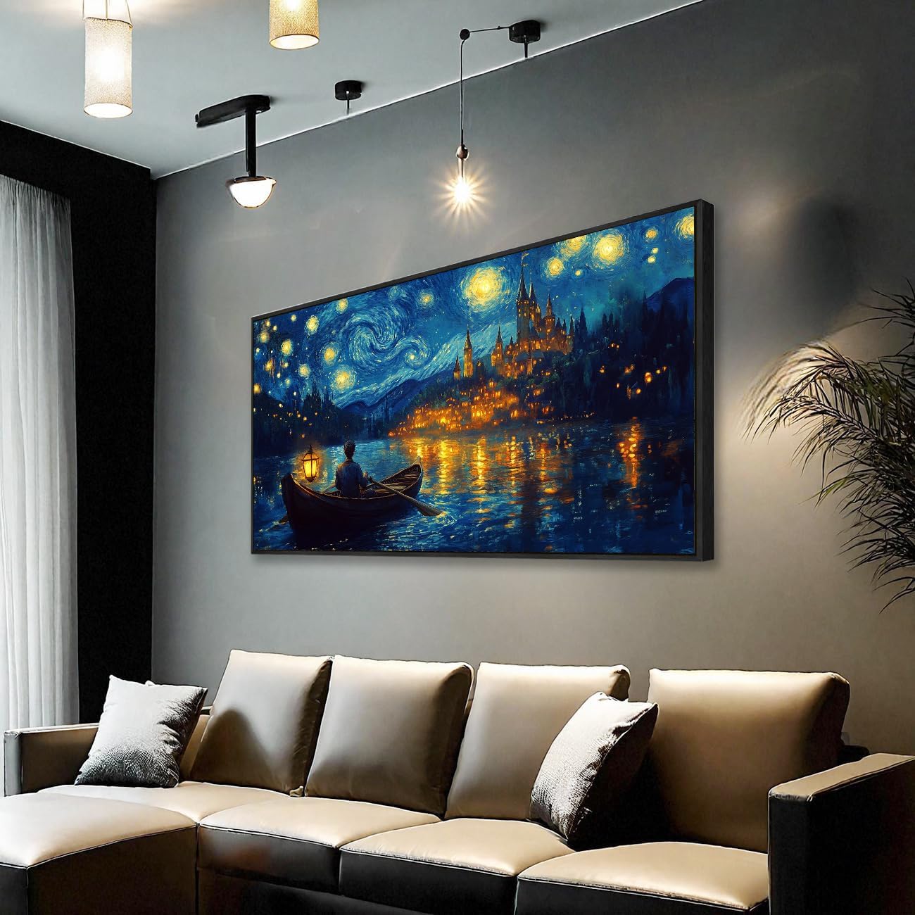 Starry Night Over the Rhone Framed Canvas Wall Art 20x40 Inches