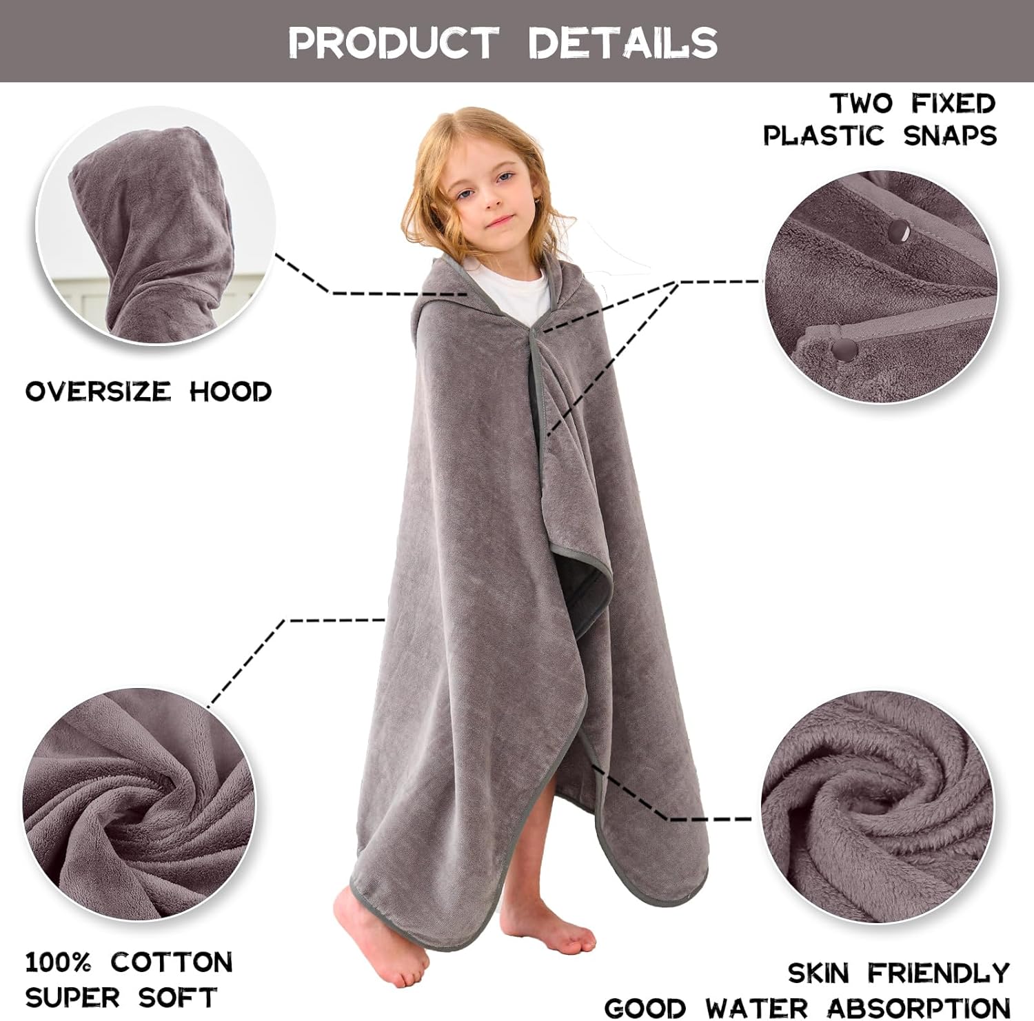 Hiturbo Kids Hooded Bath Towel - 50x30 inches Gray