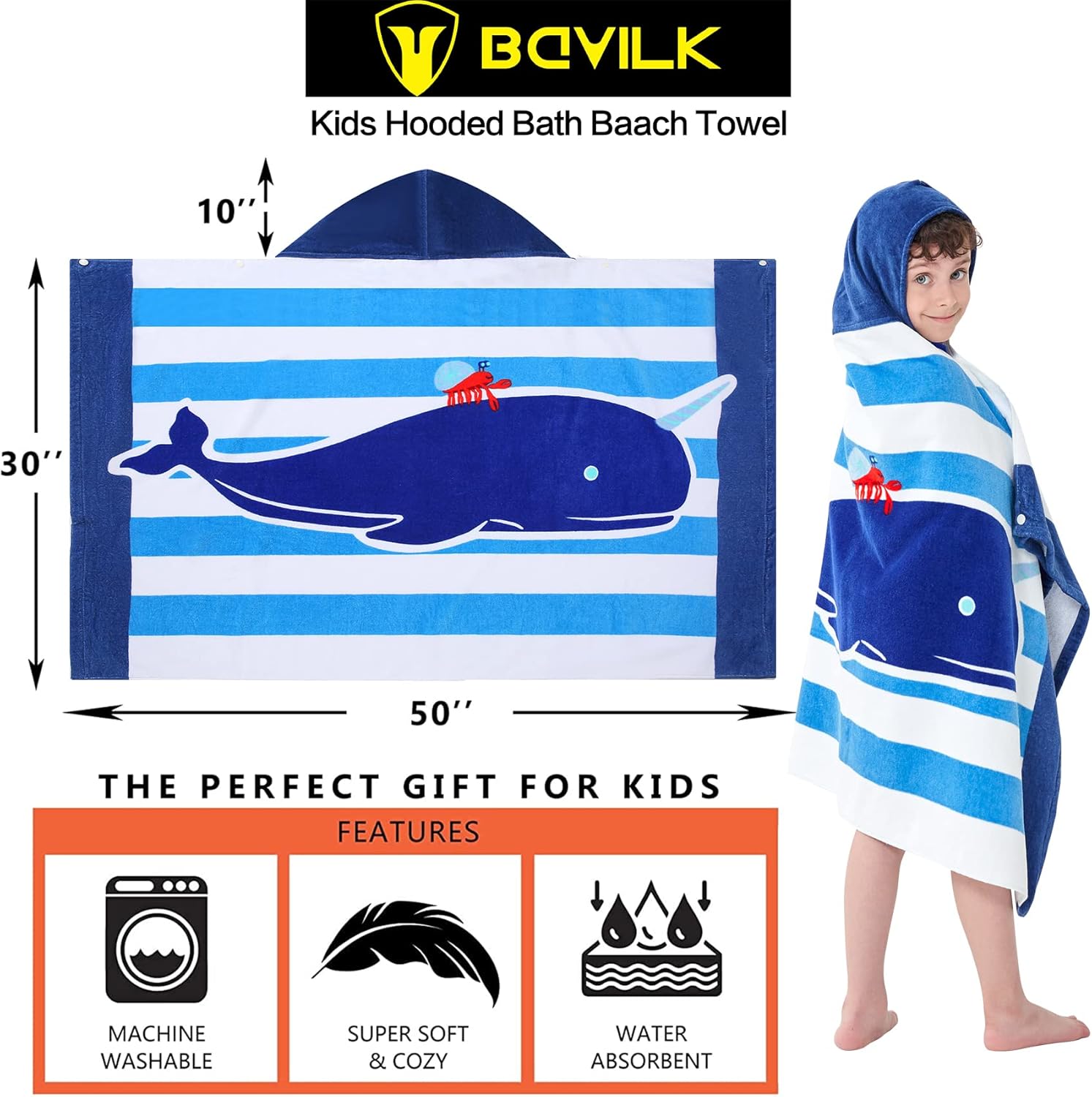 Bavilk Kids Hooded Bath Towel with Cartoon Animal Print