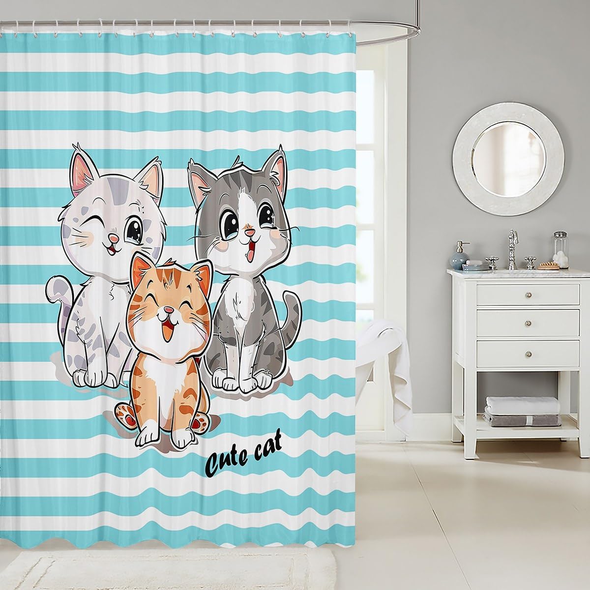 Feelyou Cartoon Cat Shower Curtain Set for Kids Bathrooms