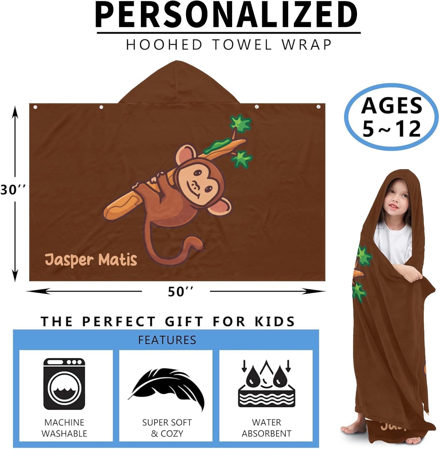 Deven Monkey Branches Personalized Hooded Bath Towel Wrap for Kids