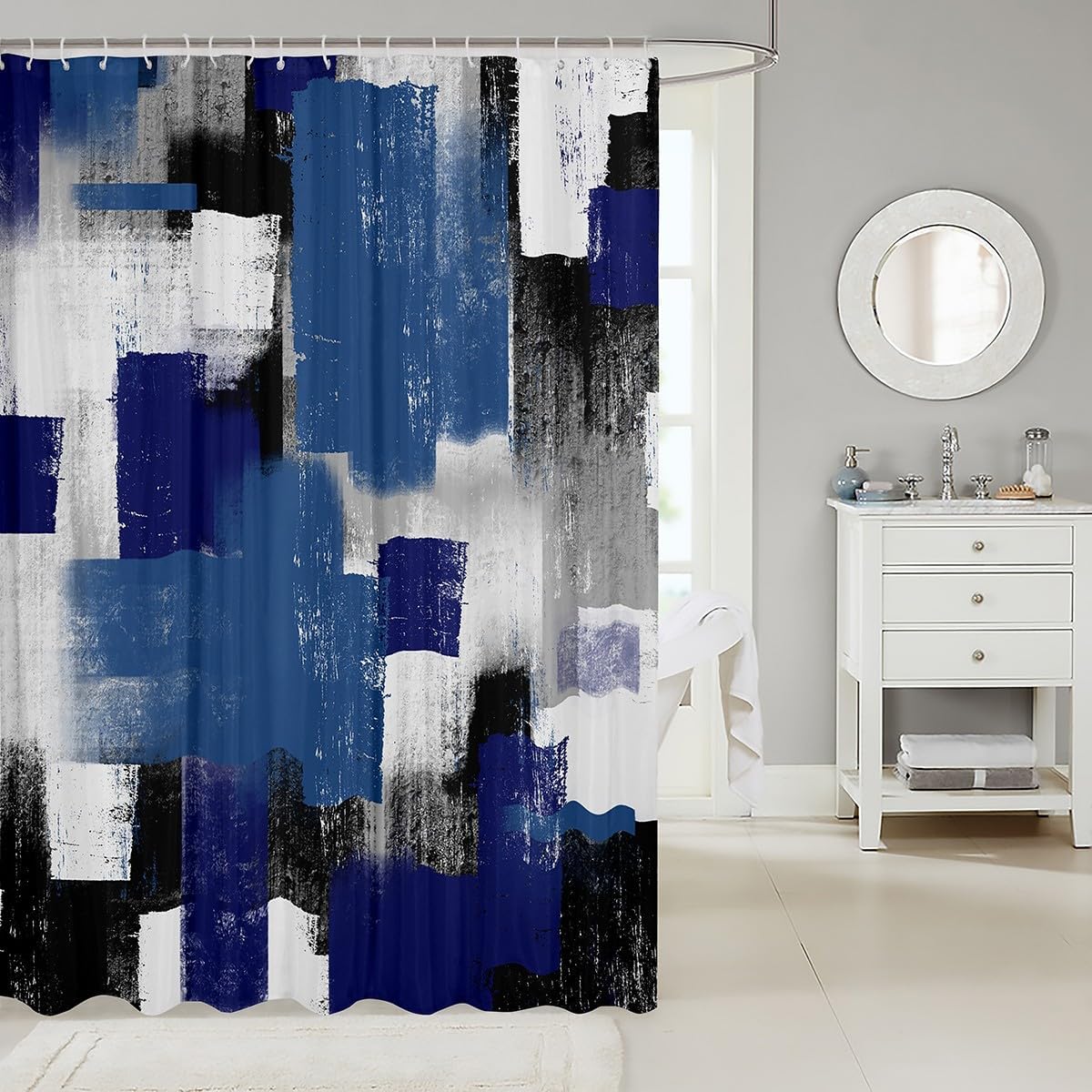 Feelyou Blue Grey White Shower Curtain Set 72x72 Modern Striped Art