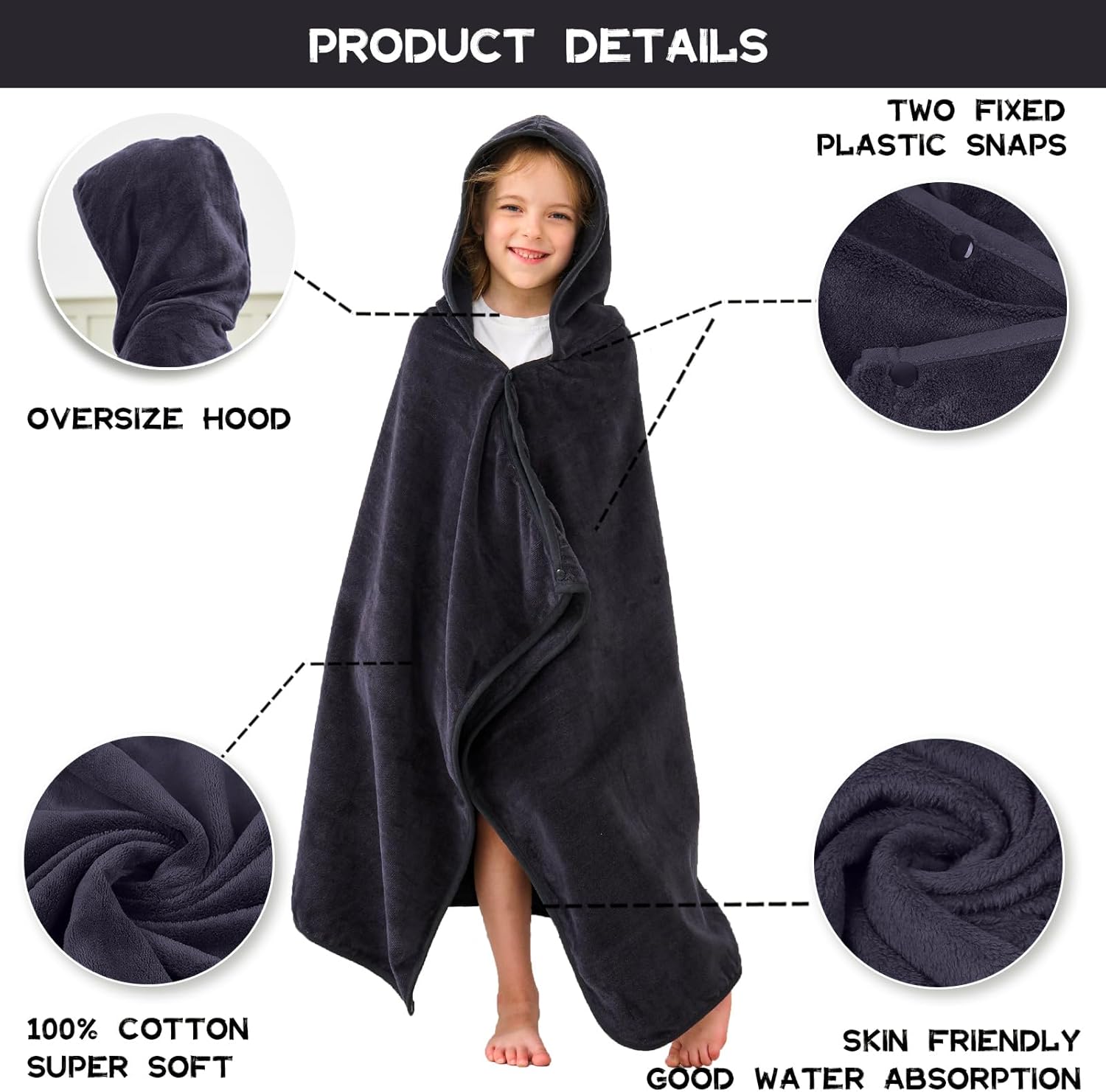 Hiturbo Kids Hooded Bath Towel - Black