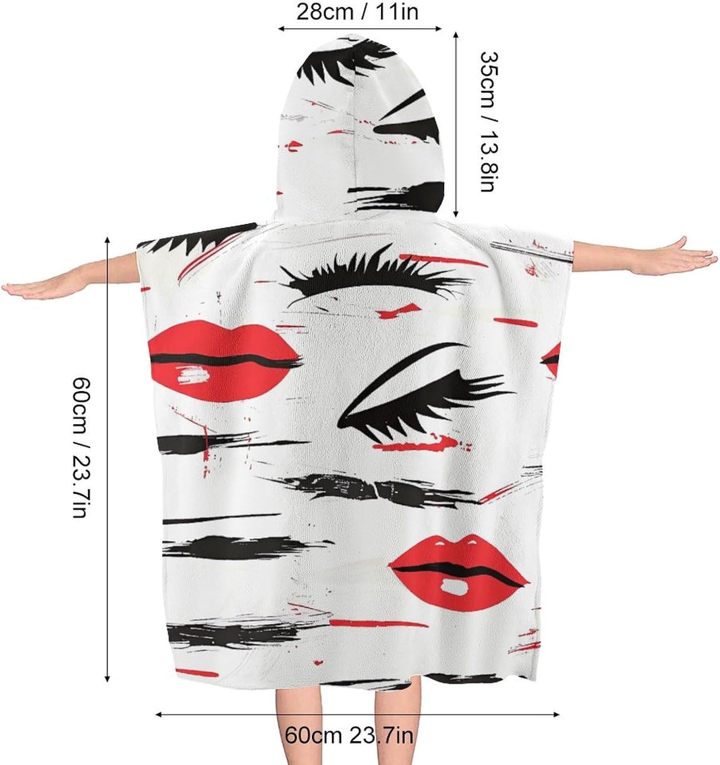 Kids Hooded Bath Towel with Lips and Eyelashes Print