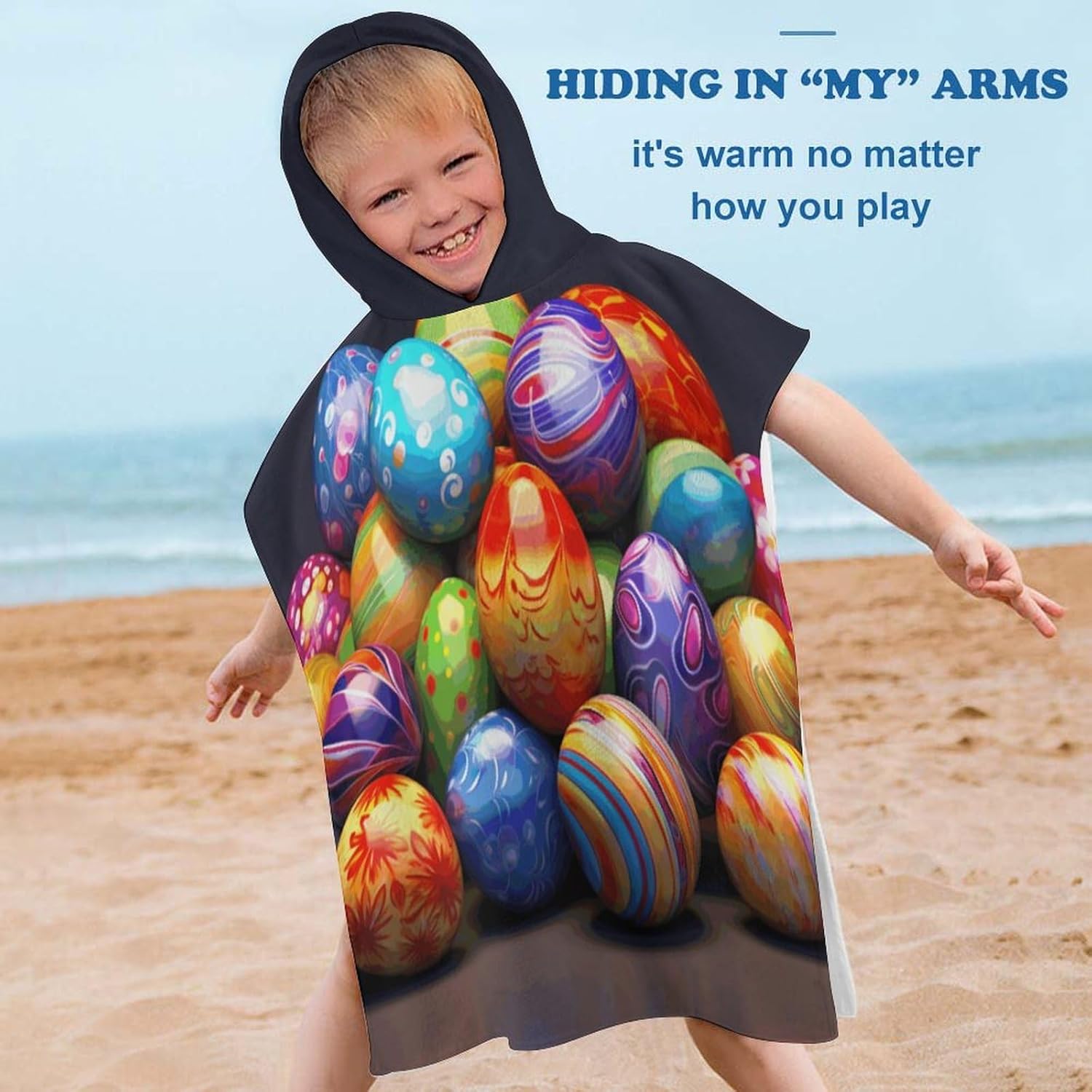 Kids Hooded Bath Towel with Easter Eggs Design