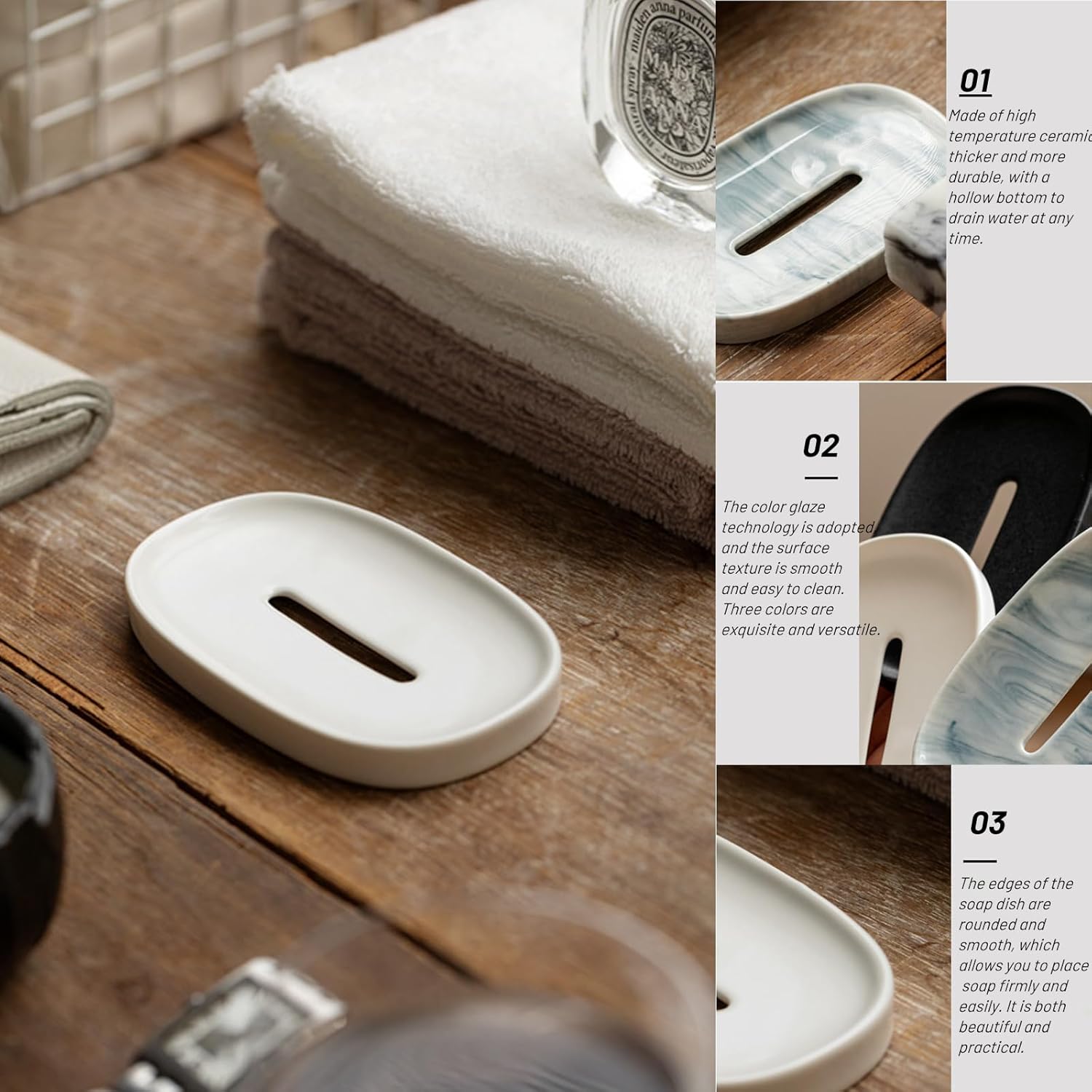 Ceramic Soap Dish with Drain and Easy Cleaning