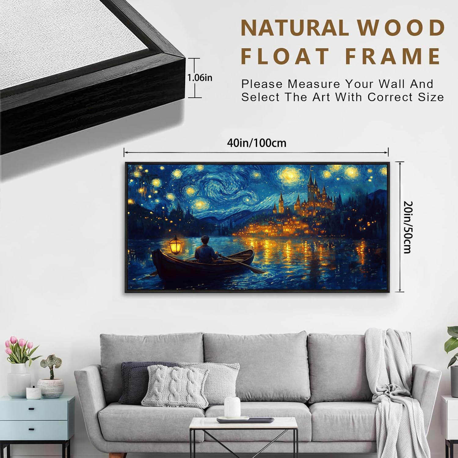 Starry Night Over the Rhone Framed Canvas Wall Art 20x40 Inches
