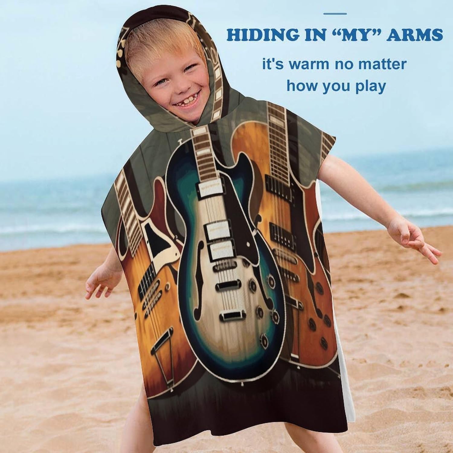 Kids Bath Towel with Guitar Print Hoodie