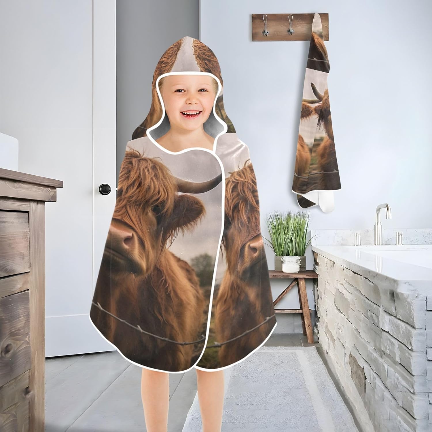 Kids Bath Towel Wrap - Scottish Cow Hooded Towel - Super Soft and Quick Dry
