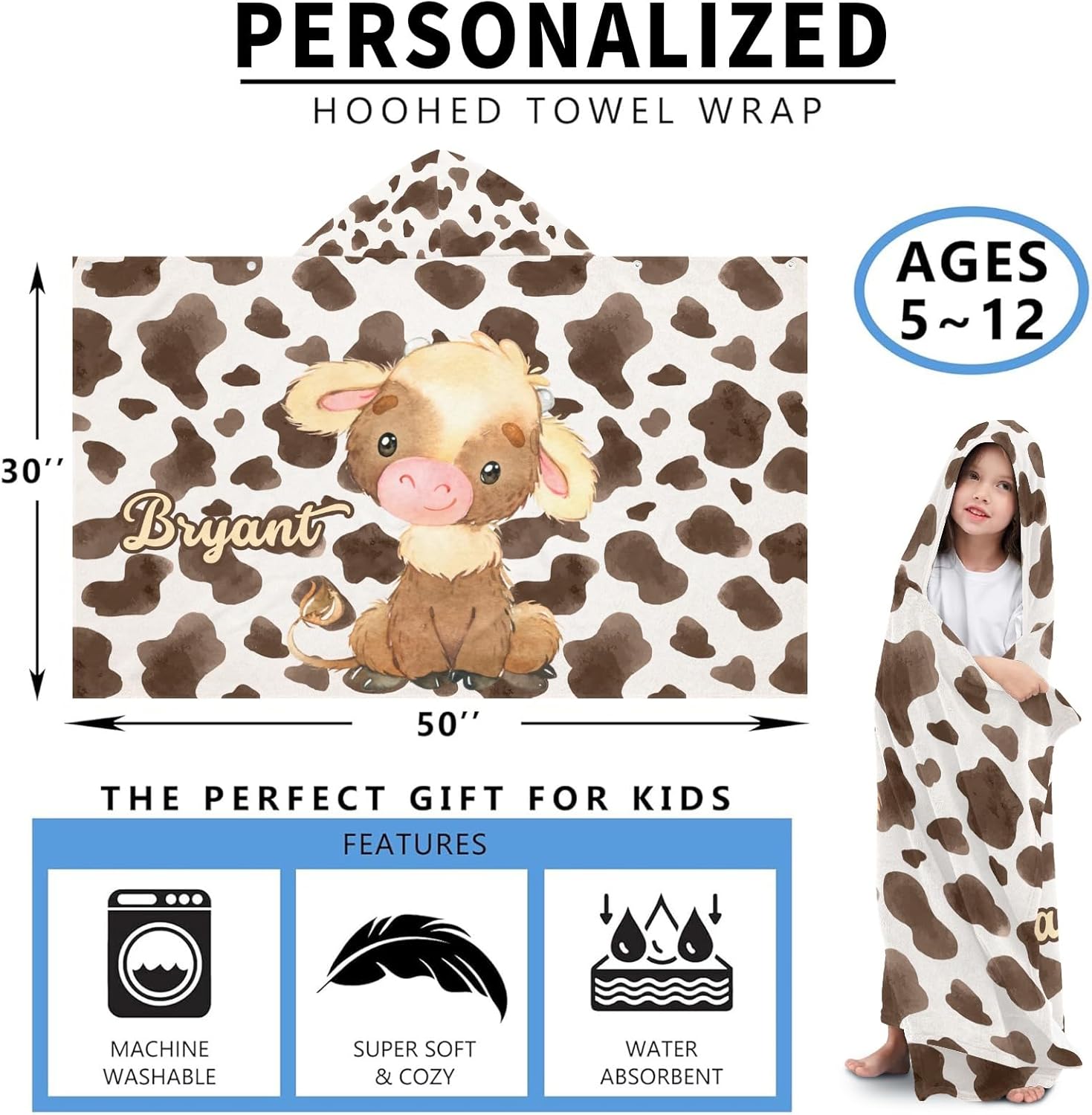 Eiis Unidesign Hooded Cartoon Cow Kids Beach Towel Wrap