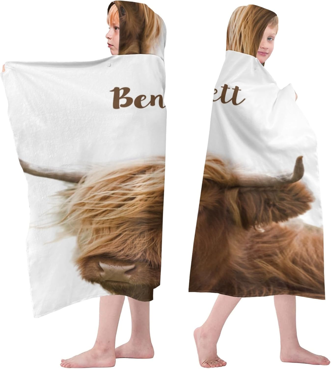 Personalized Highland Cow Hooded Kids Bath Towels with Name