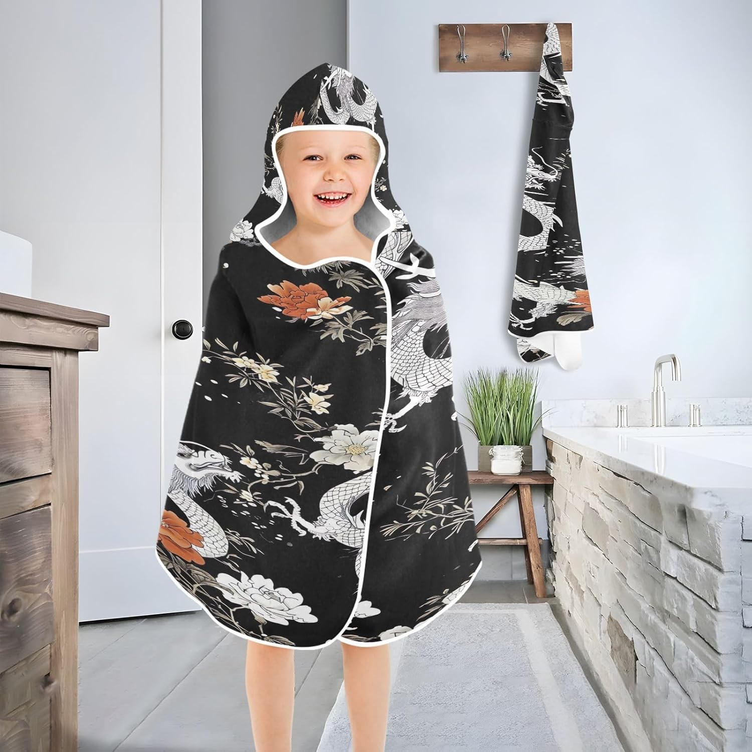 Blueangle Kids Bath Towel Wrap - Black Dragons Hooded Towel